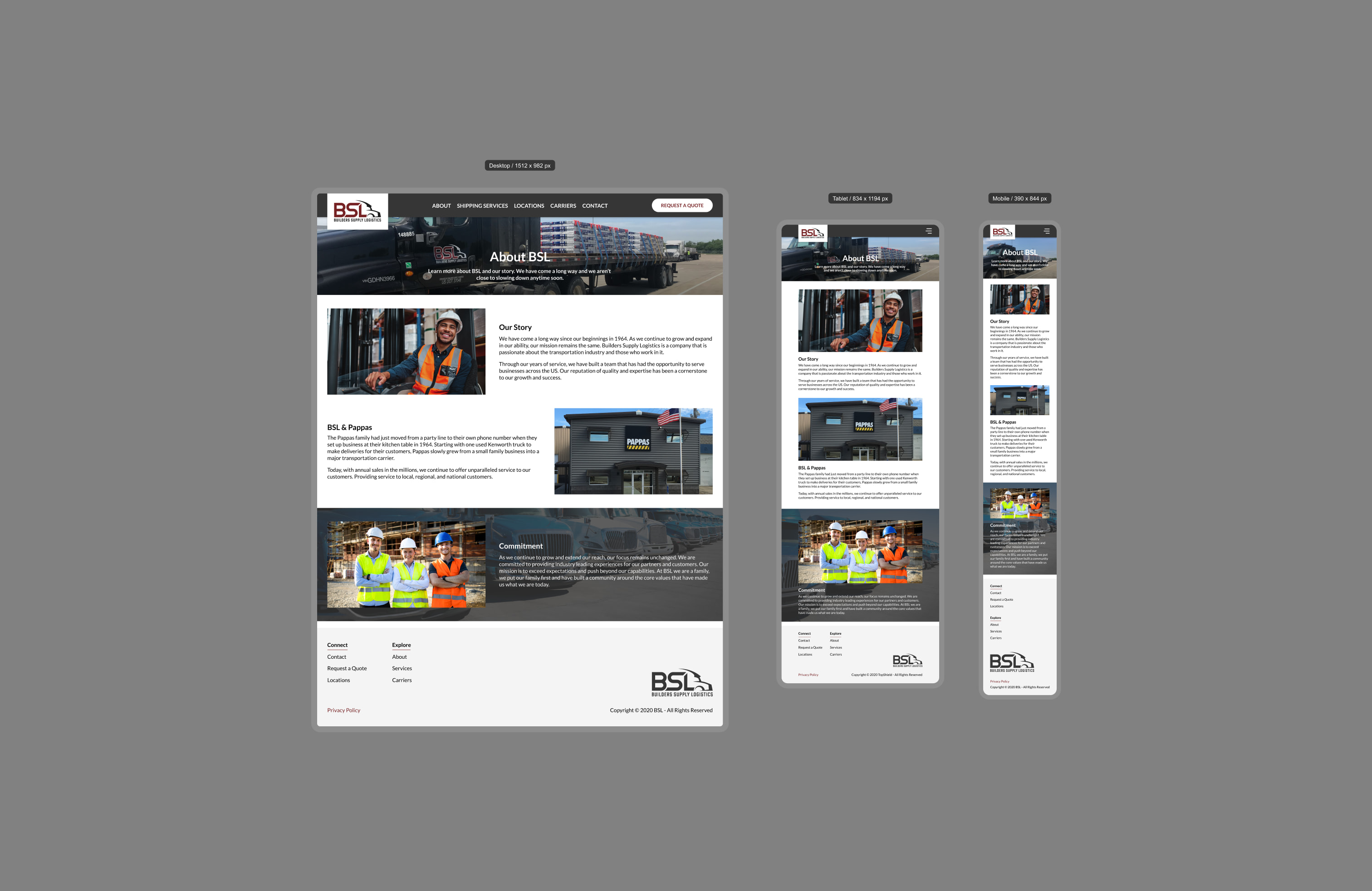 The BSL About page featured across three responsive breakpoints.