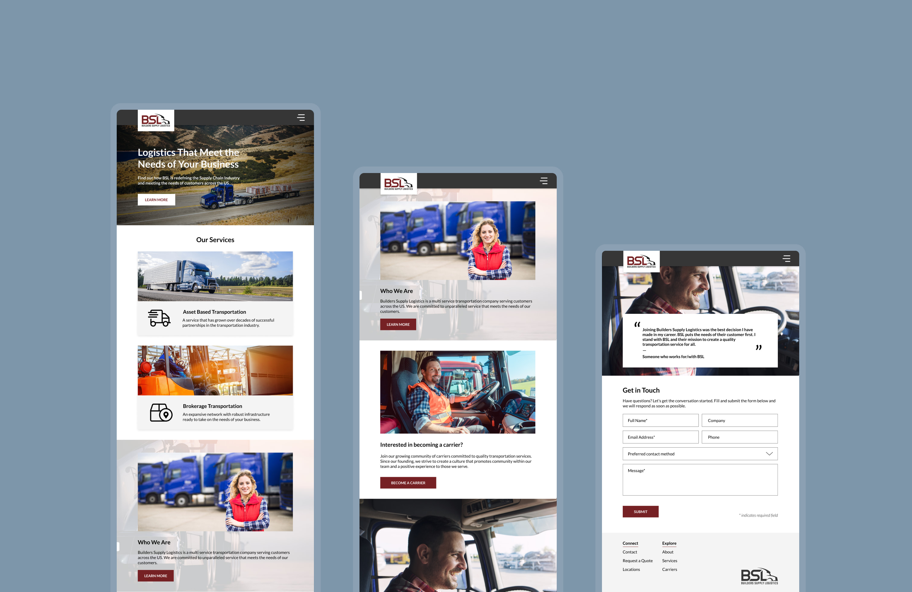 The BSL homepage displayed in tablet view in three stair-stepped sections.