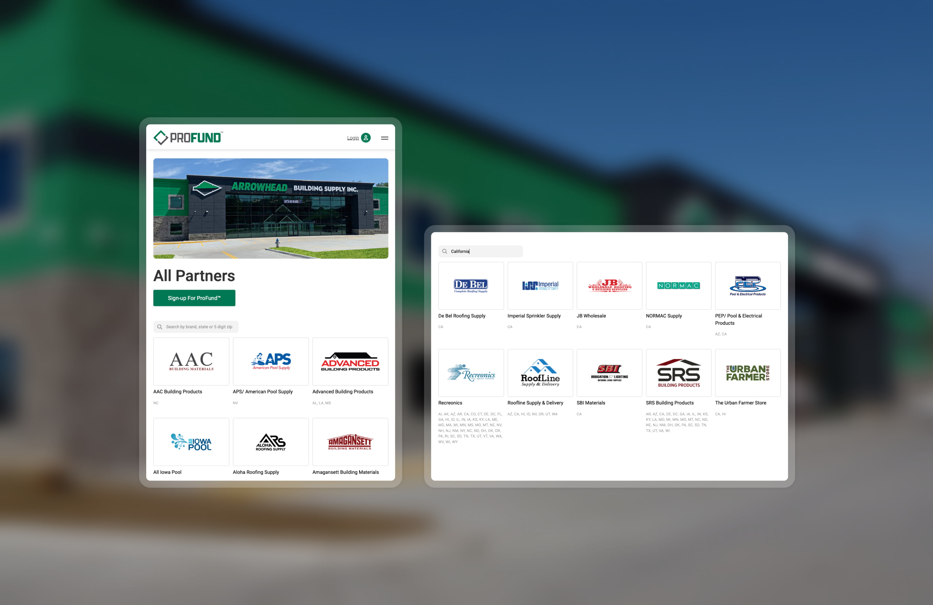 The Profund All Partners page displayed in landscape and portrait tablet view, demonstrating content reflow across device orientation.