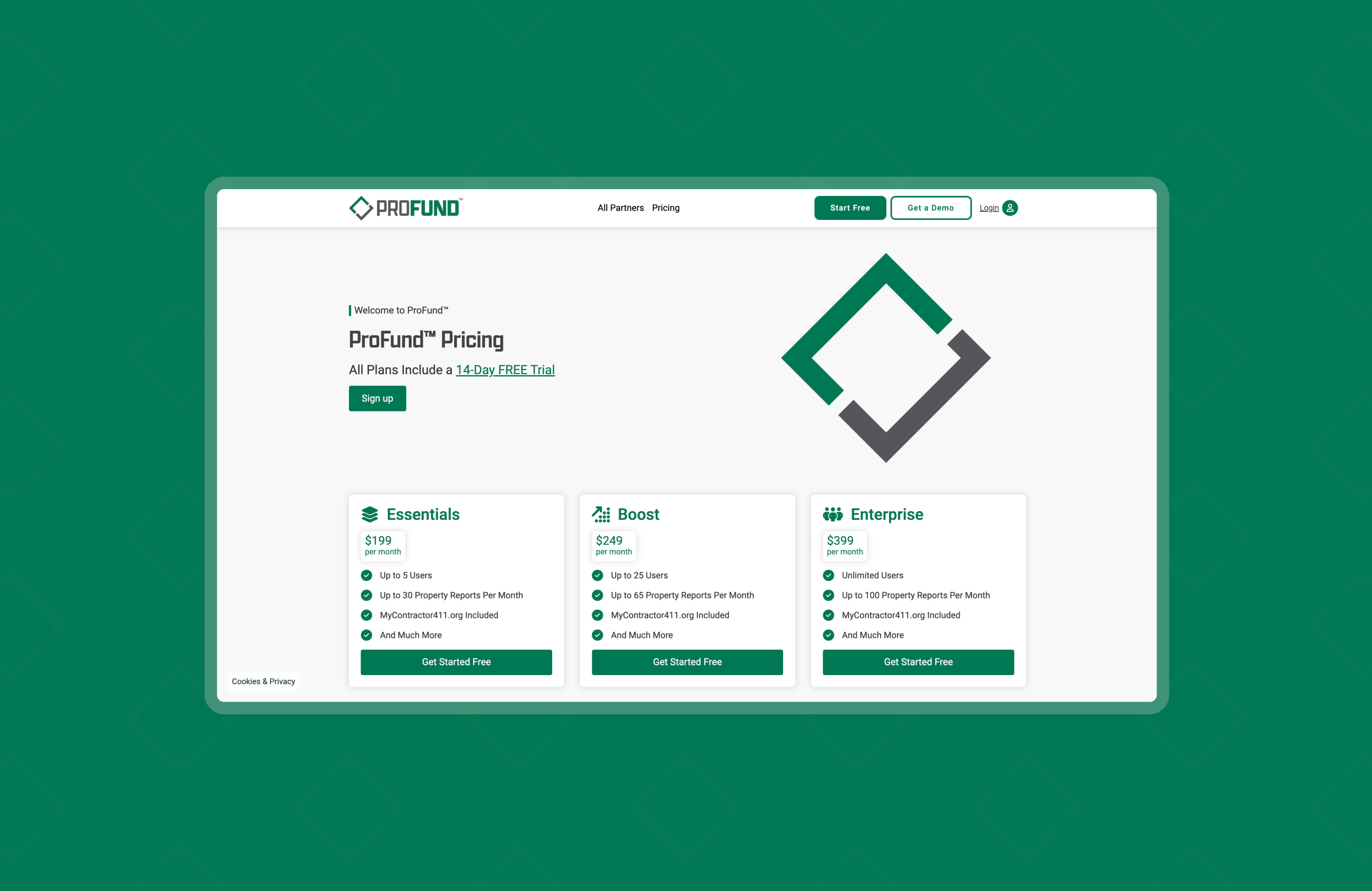The ProFund pricing page in desktop view with three plan options.