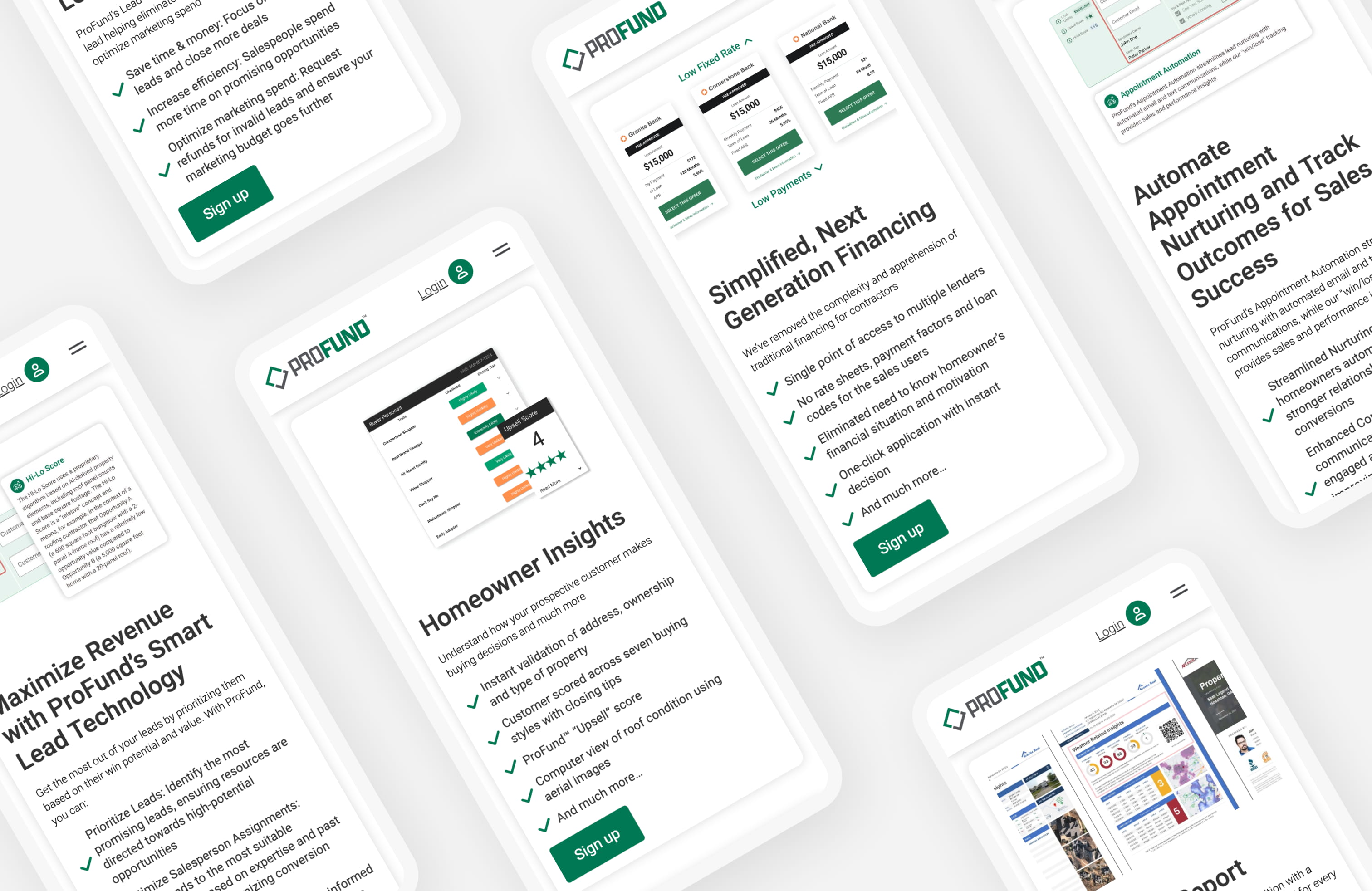 A collection of mobile views of the ProFund homepage, highlighting key content blocks displaying service benefits.