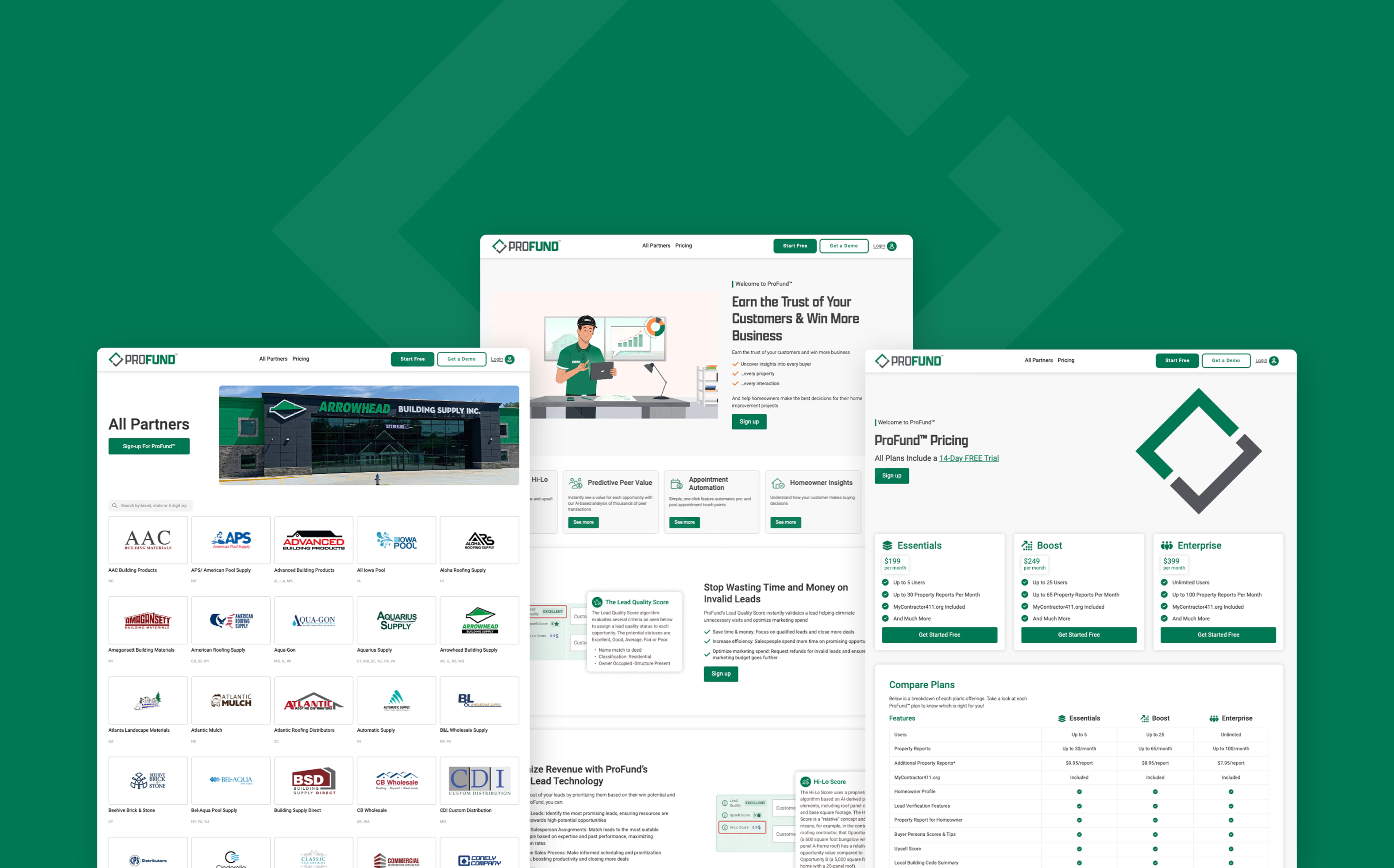 Three key pages from the ProFund site, showcasing the overall look and feel of the site UI.