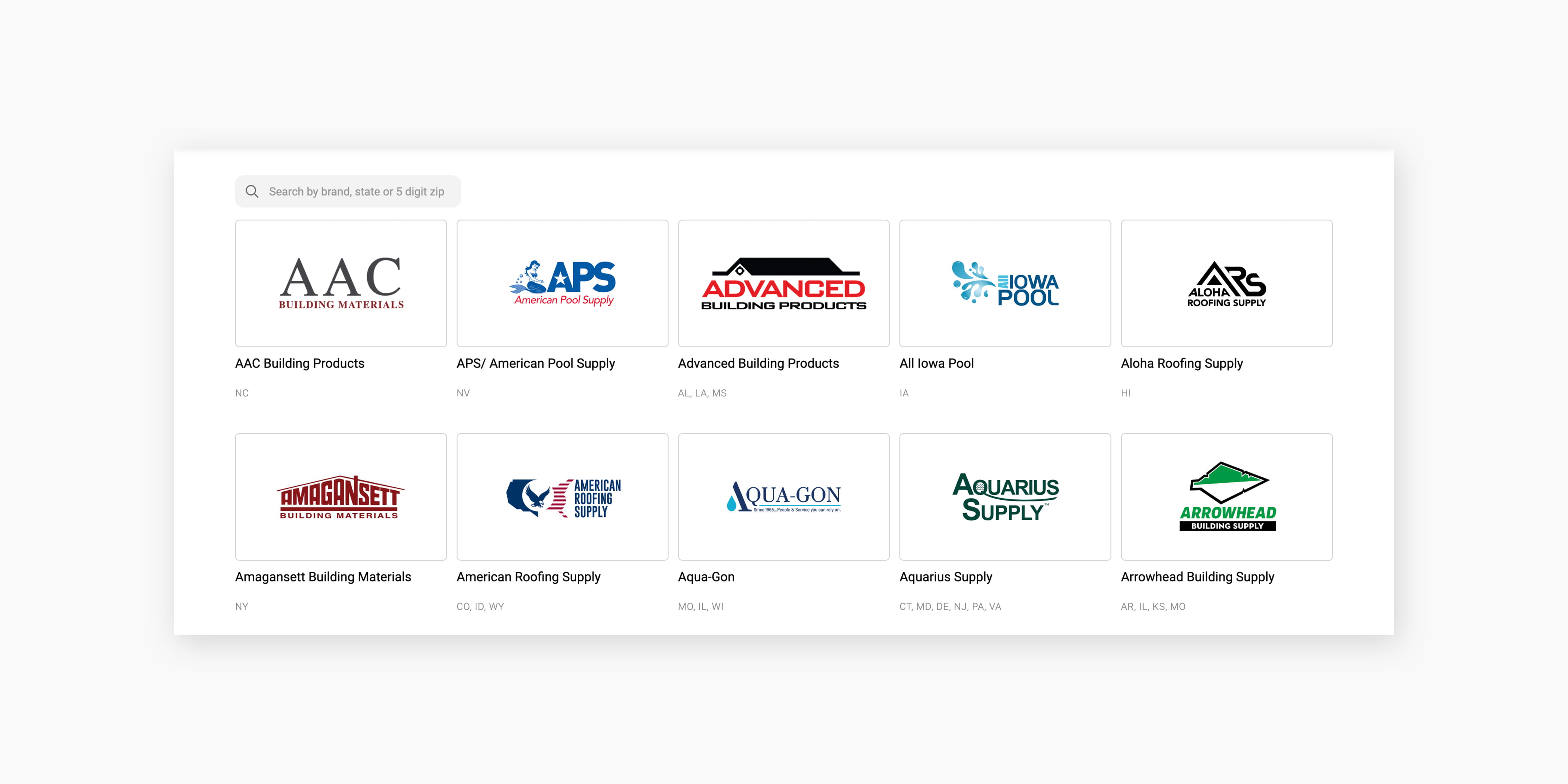 A searchable brand index featuring an alphabetized brand list and search bar.