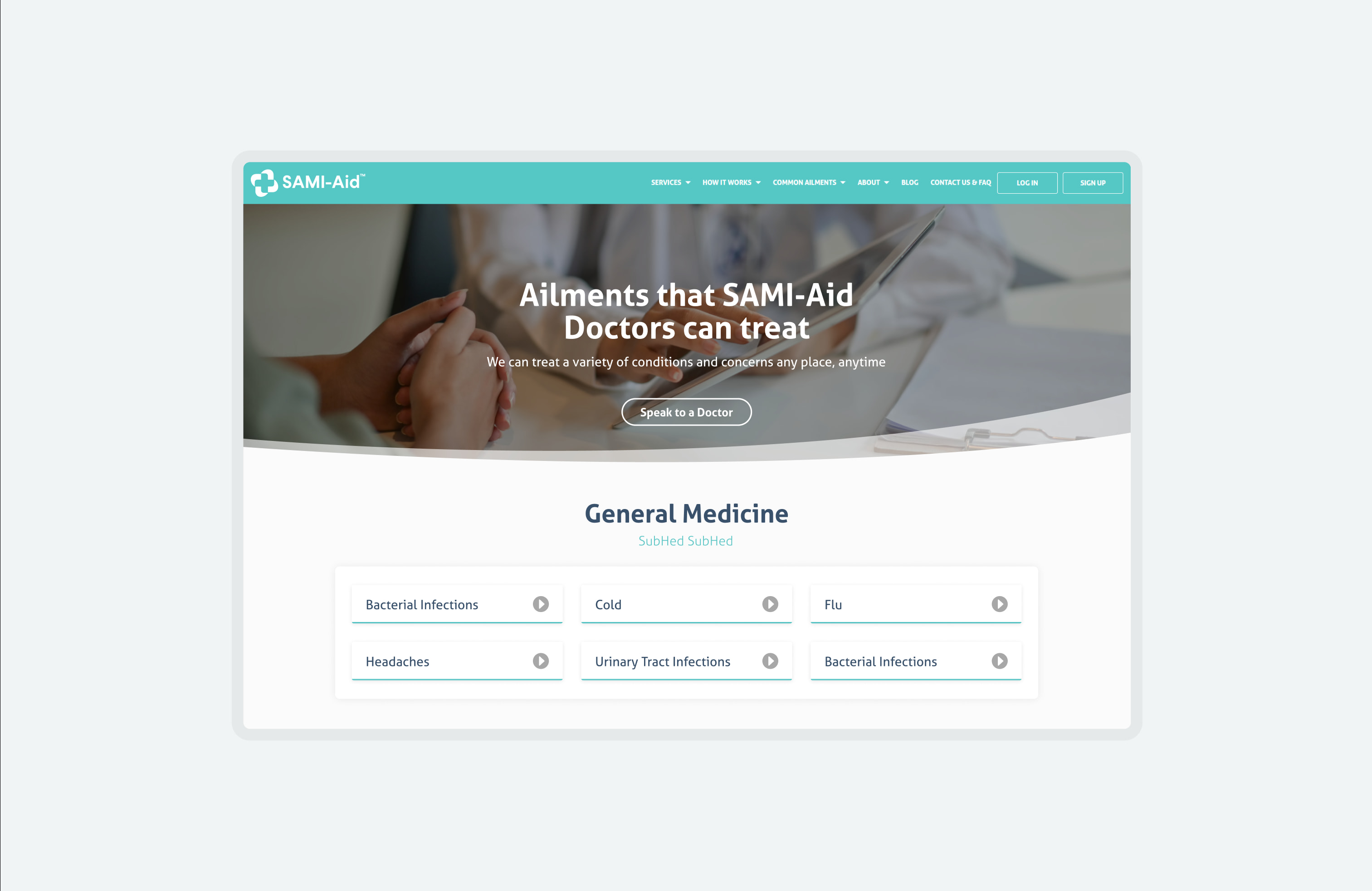 Homepage UI design for SAMI-Aid, a telehealth site.