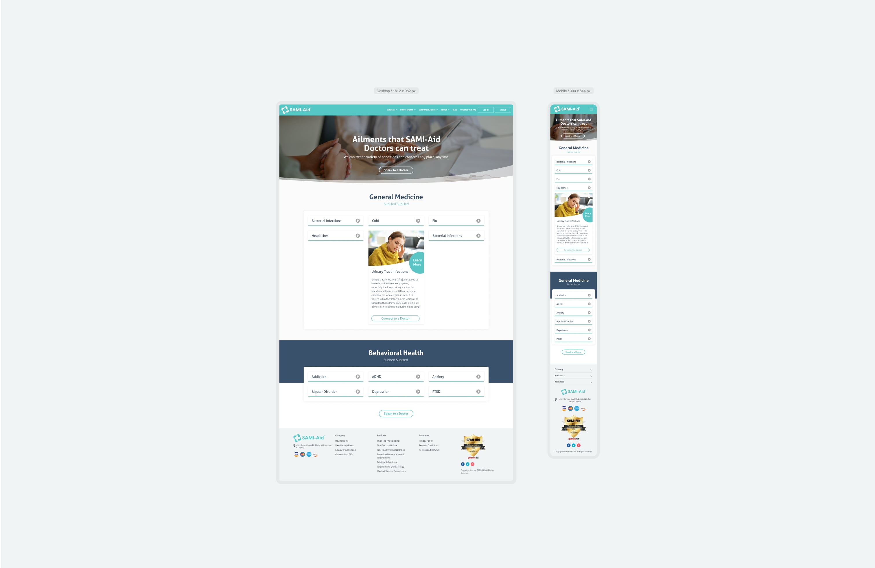 The SAMI-Aid homepage design displayed across desktop and mobile breakpoints to show responsiveness.