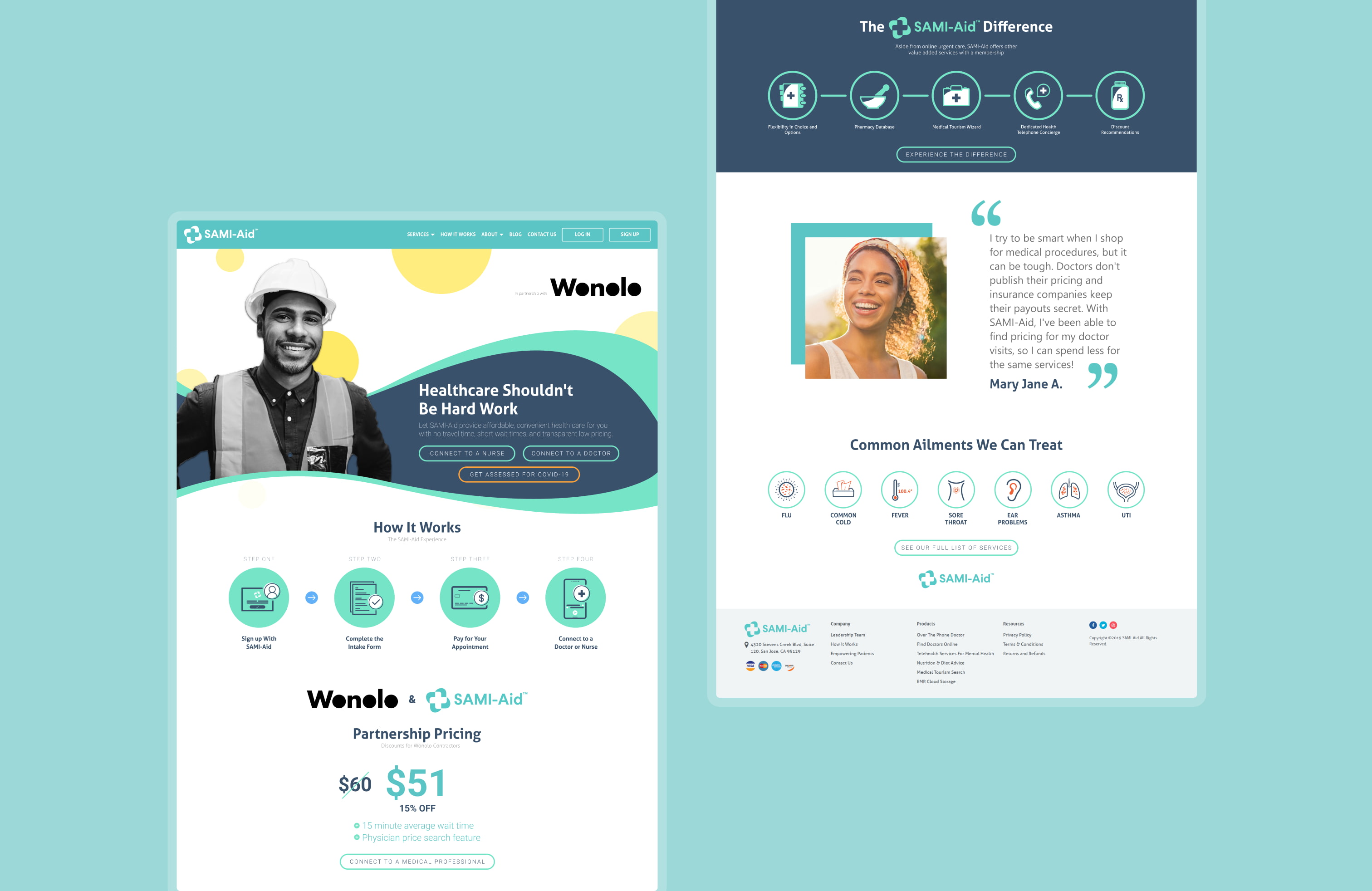 A landing page featuring a partnership between SAMI-Aid and Wonolo, with custom iconography to help visualize steps and benefits.