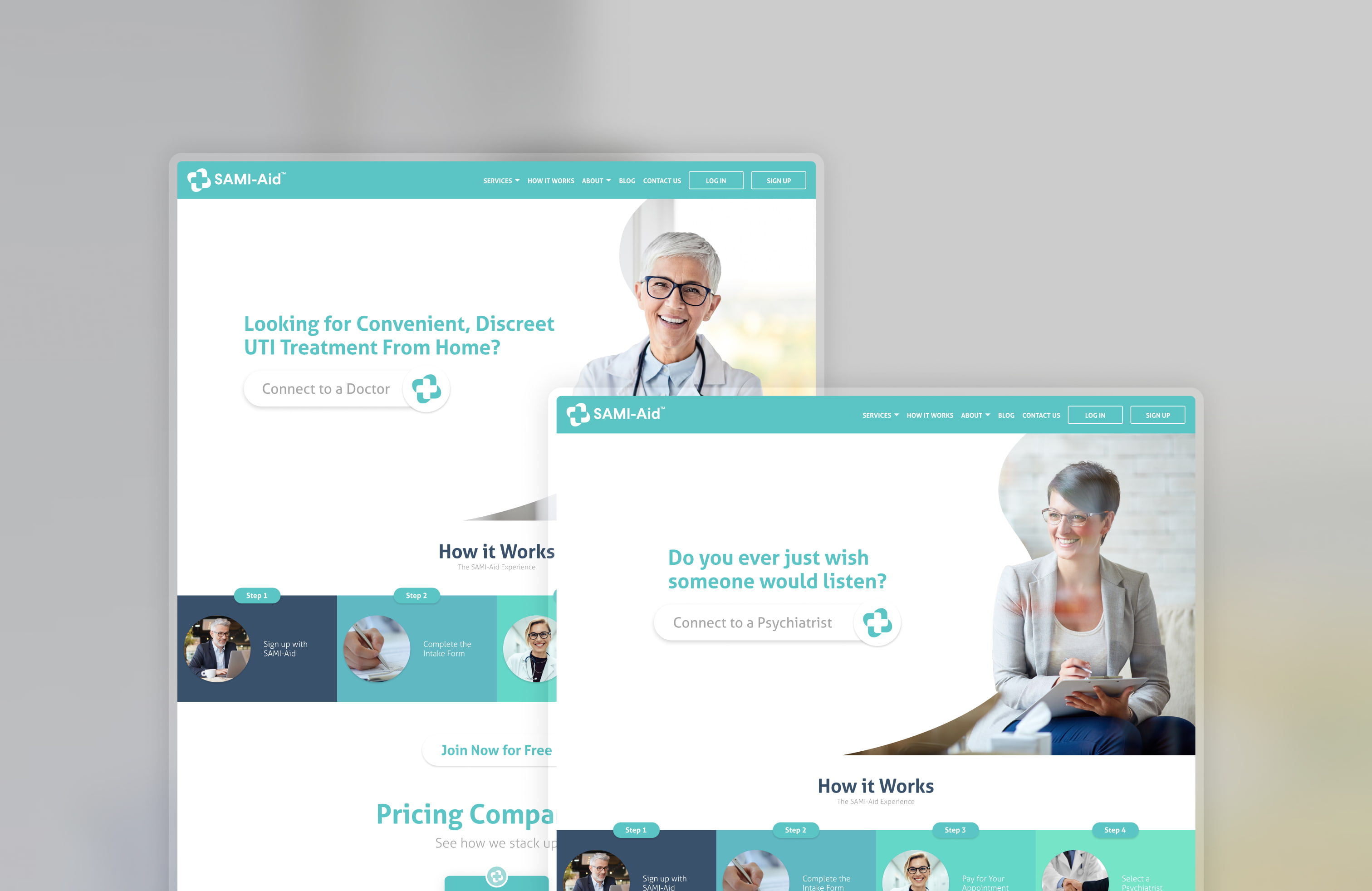 Two sample landing pages for the SAMI-Aid site, demonstrating custom entry points based on service, such as UTI treatment or mental health.