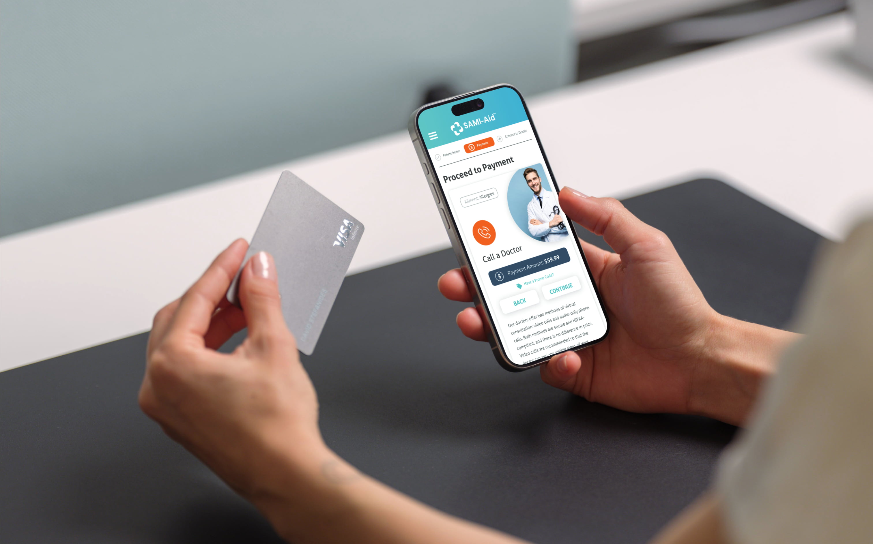 A person preparing to pay with a credit card while viewing the Proceed to Payment step on the SAMI-Aid website on their phone.