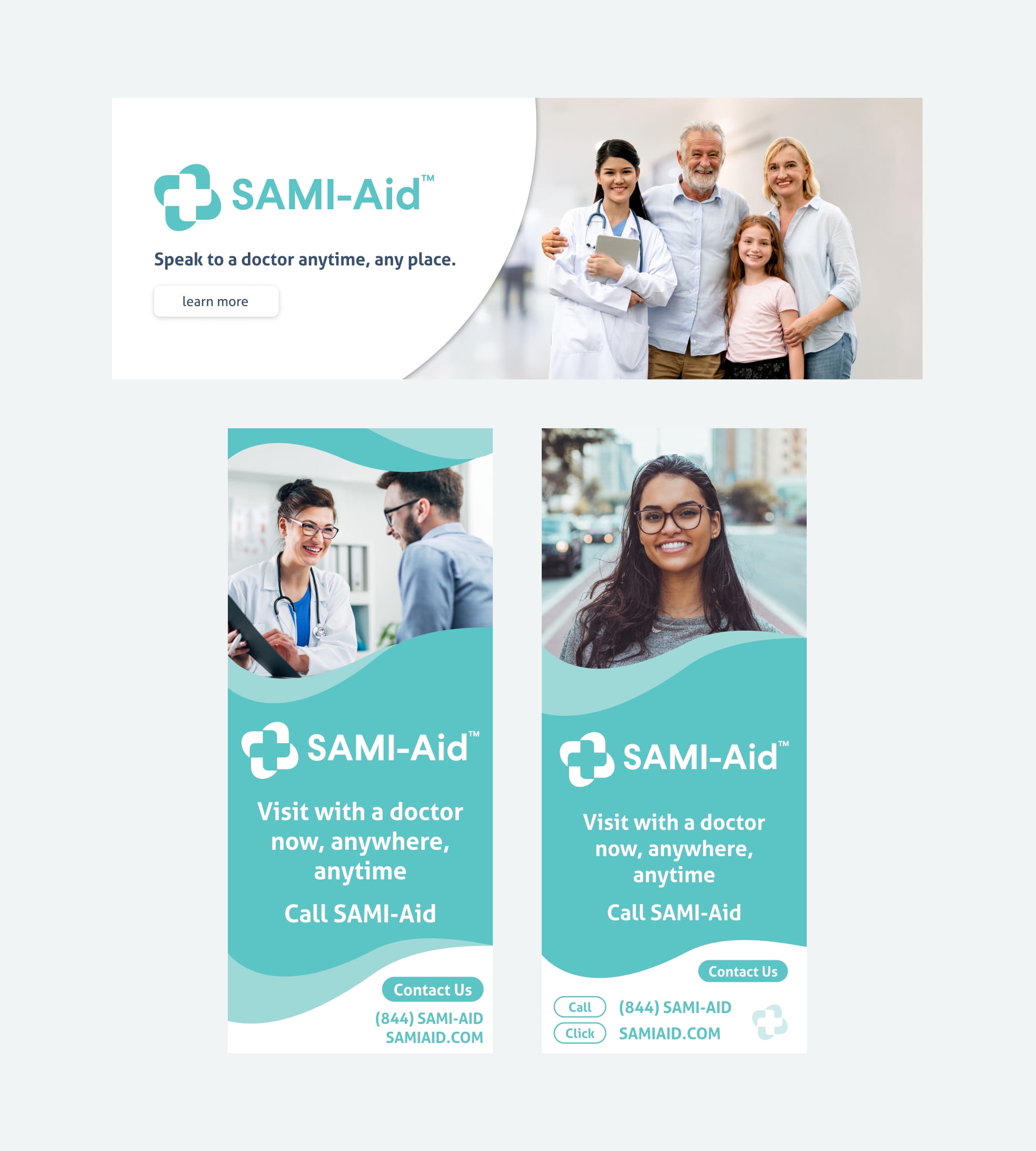 Three web banner ads advertising SAMI-Aid services.