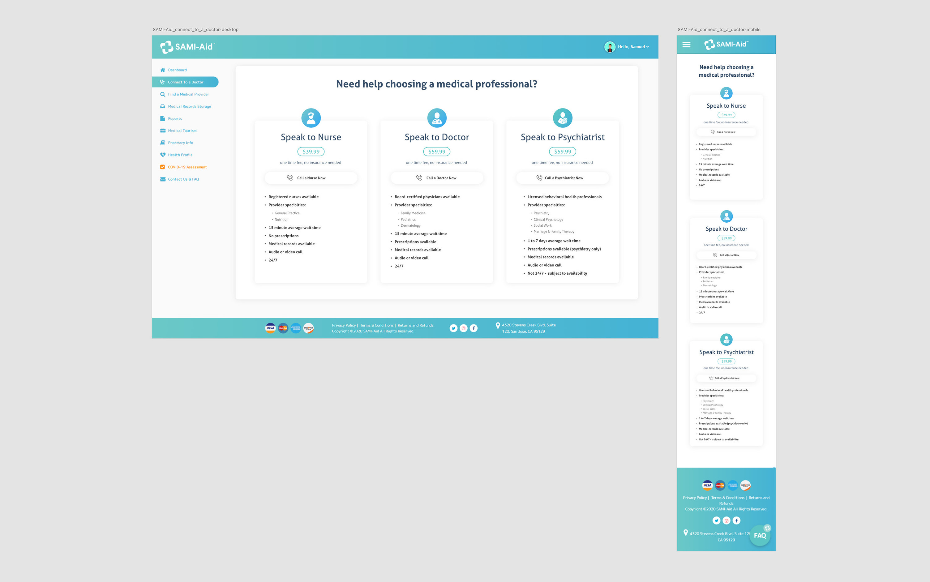 Desktop and mobile prototypes for the Connect to a Doctor hub.
