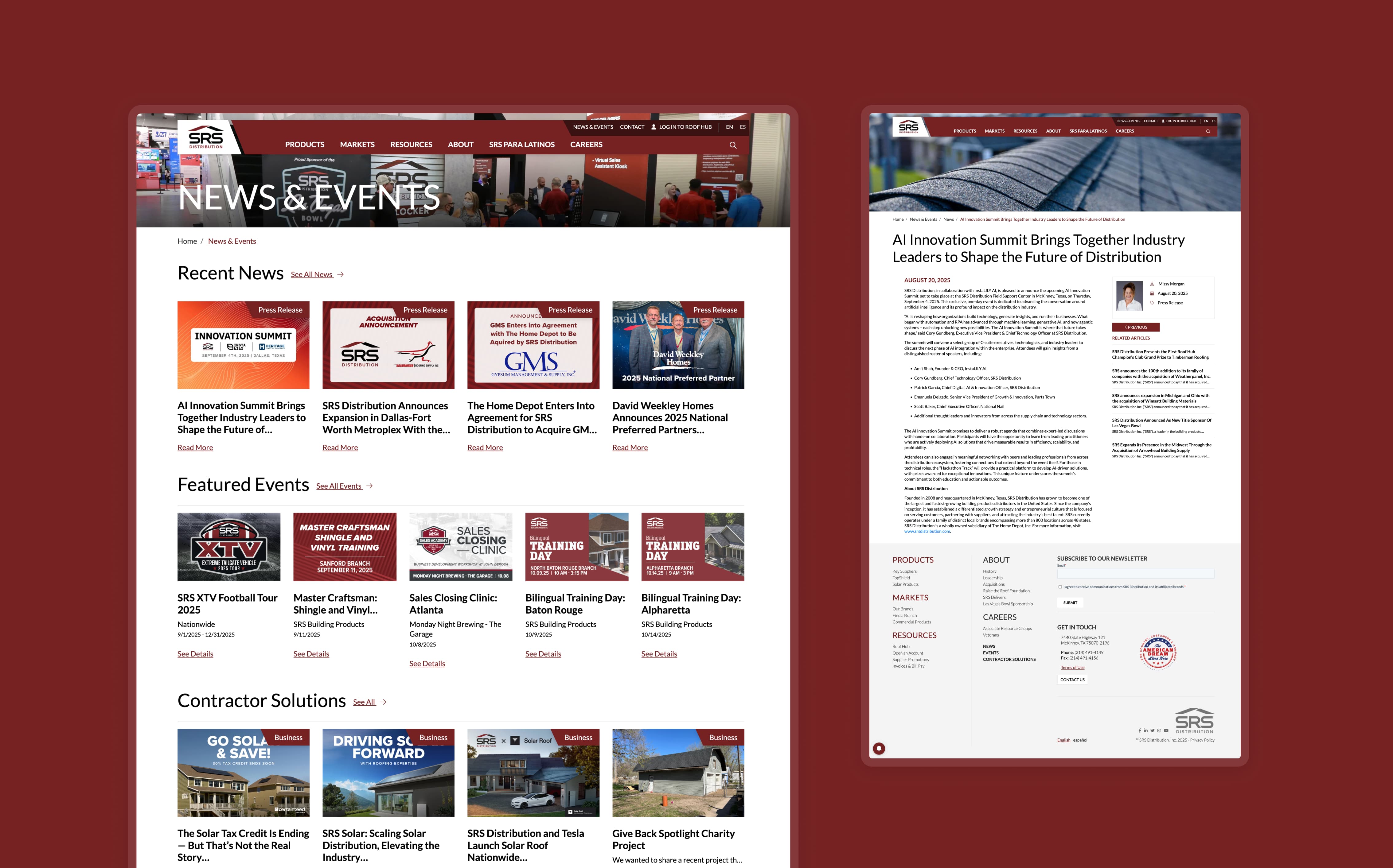 The SRS News & Events page featuring a collection of blog posts thumbnails alongside a sample blog post.