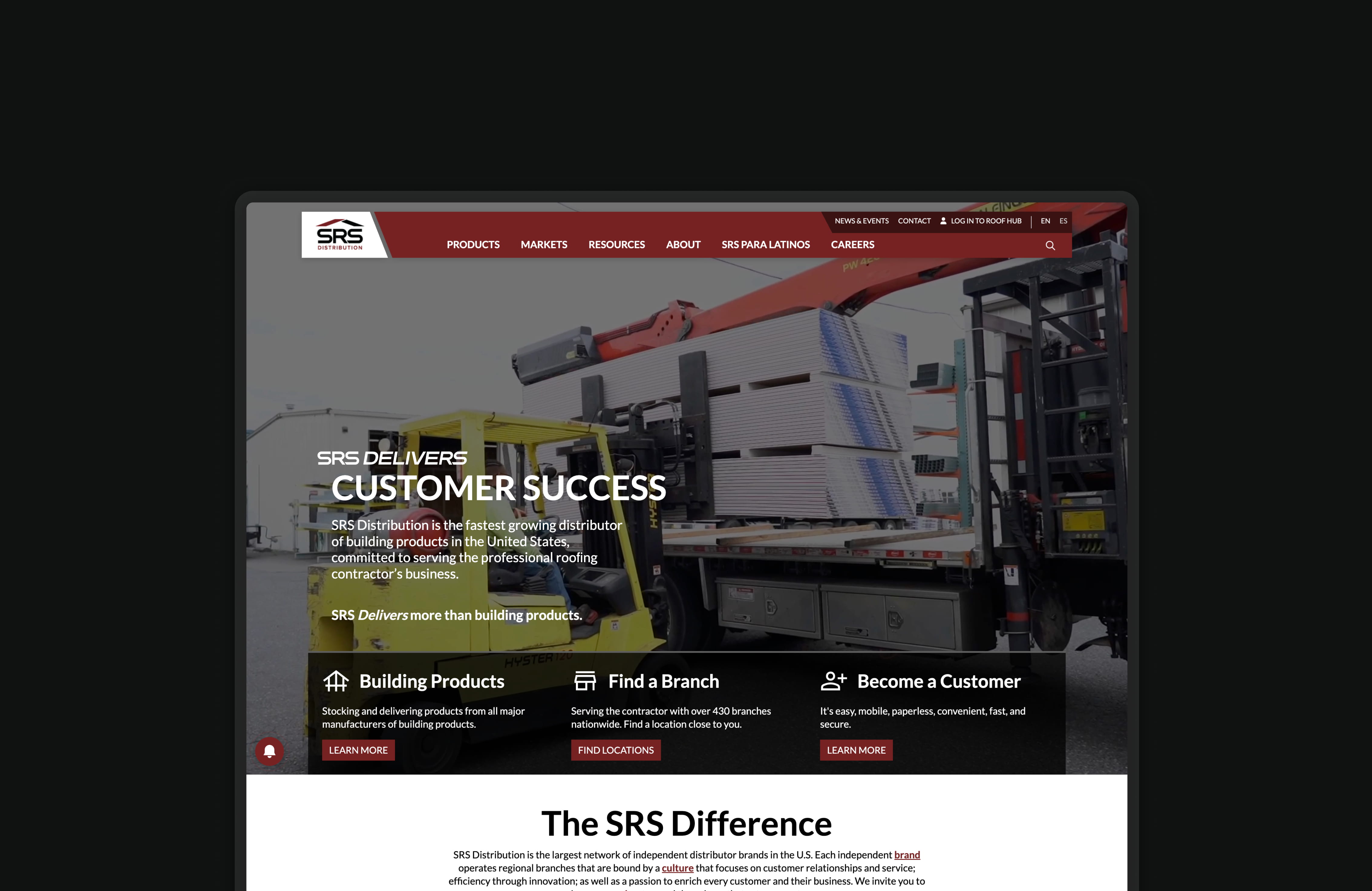 Homepage UI design for SRS Distribution, a building product distributor site.