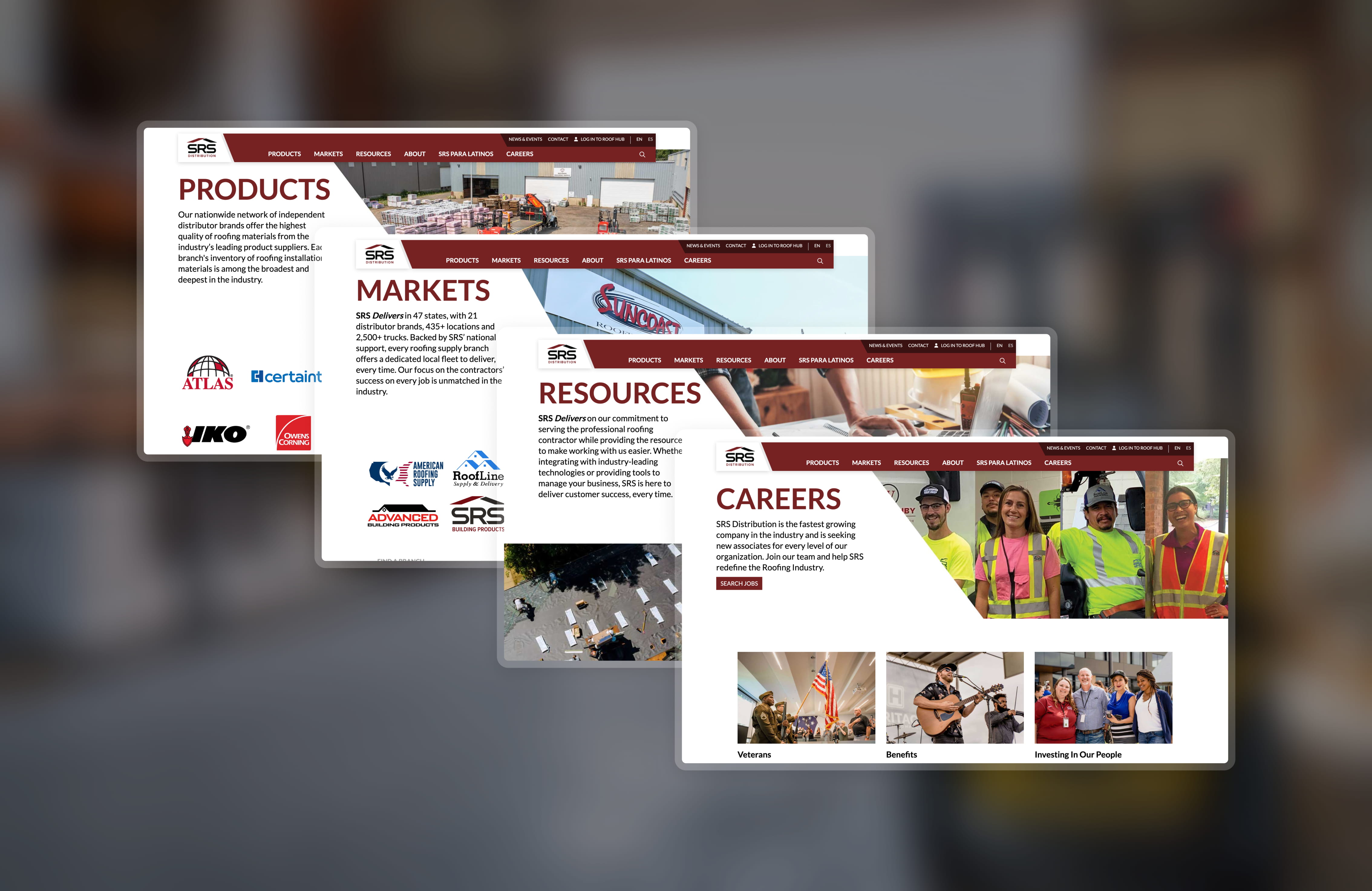 A collection of four main pages within the SRS navigation: Products, Markets, Resources, and Careers.