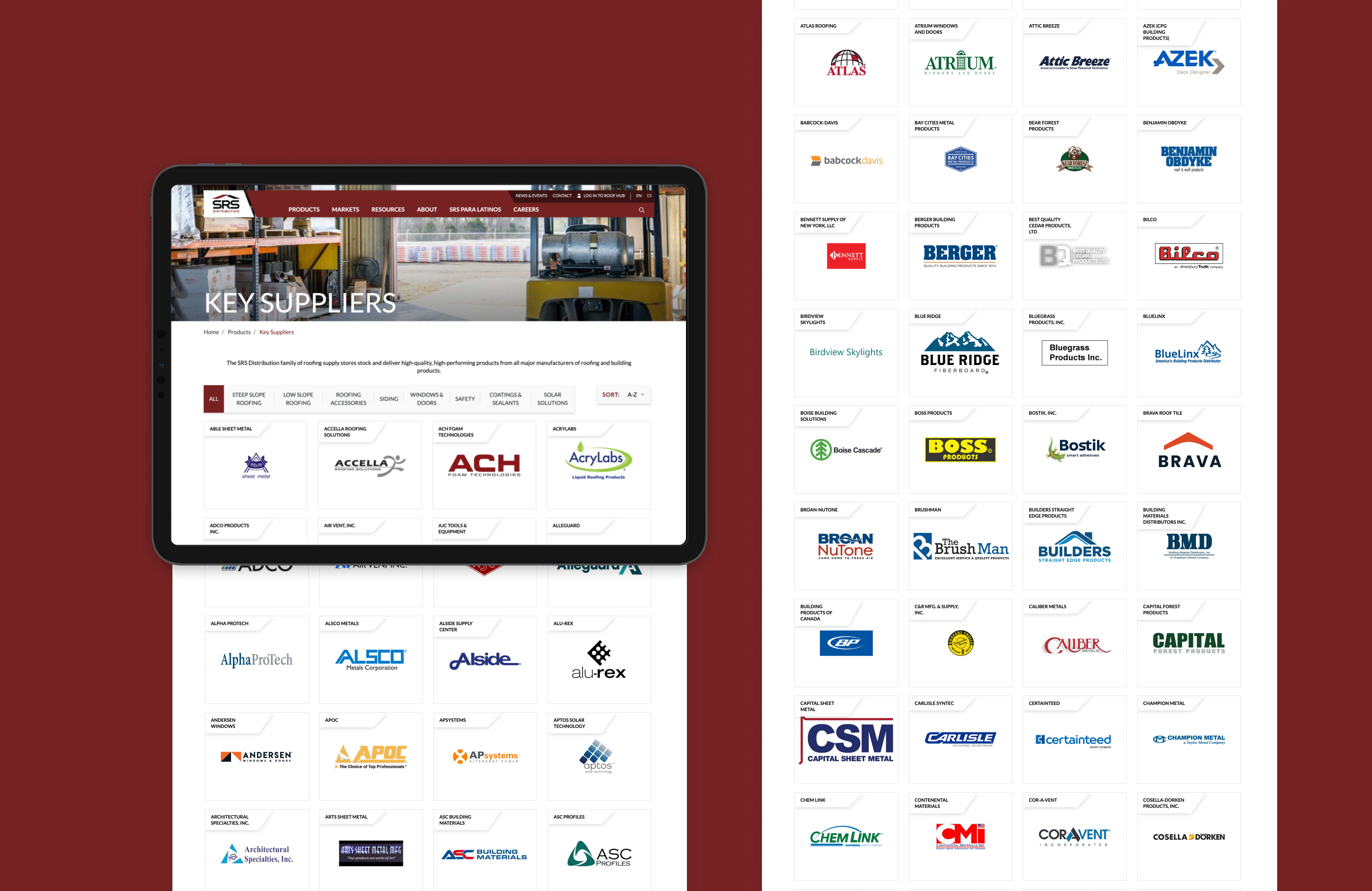 An ipad with infinite scroll displaying the lengthy SRS Key Suppliers page with supplier brand logos and a filtering and sorting system.