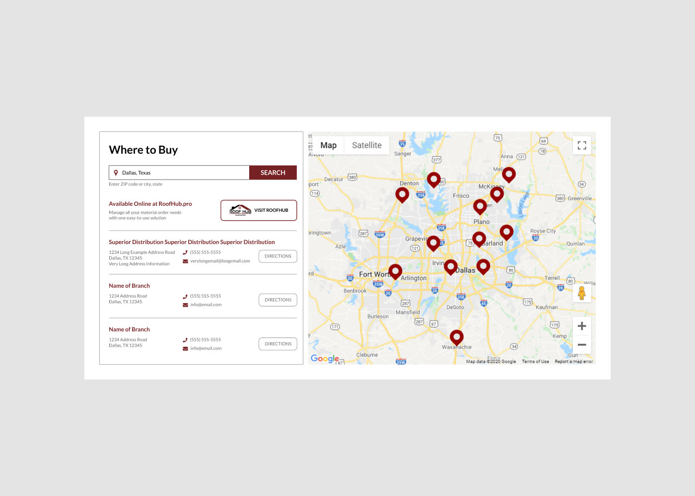 A branch locator featuring a map embed and sample search showing locations near Dallas, Texas.