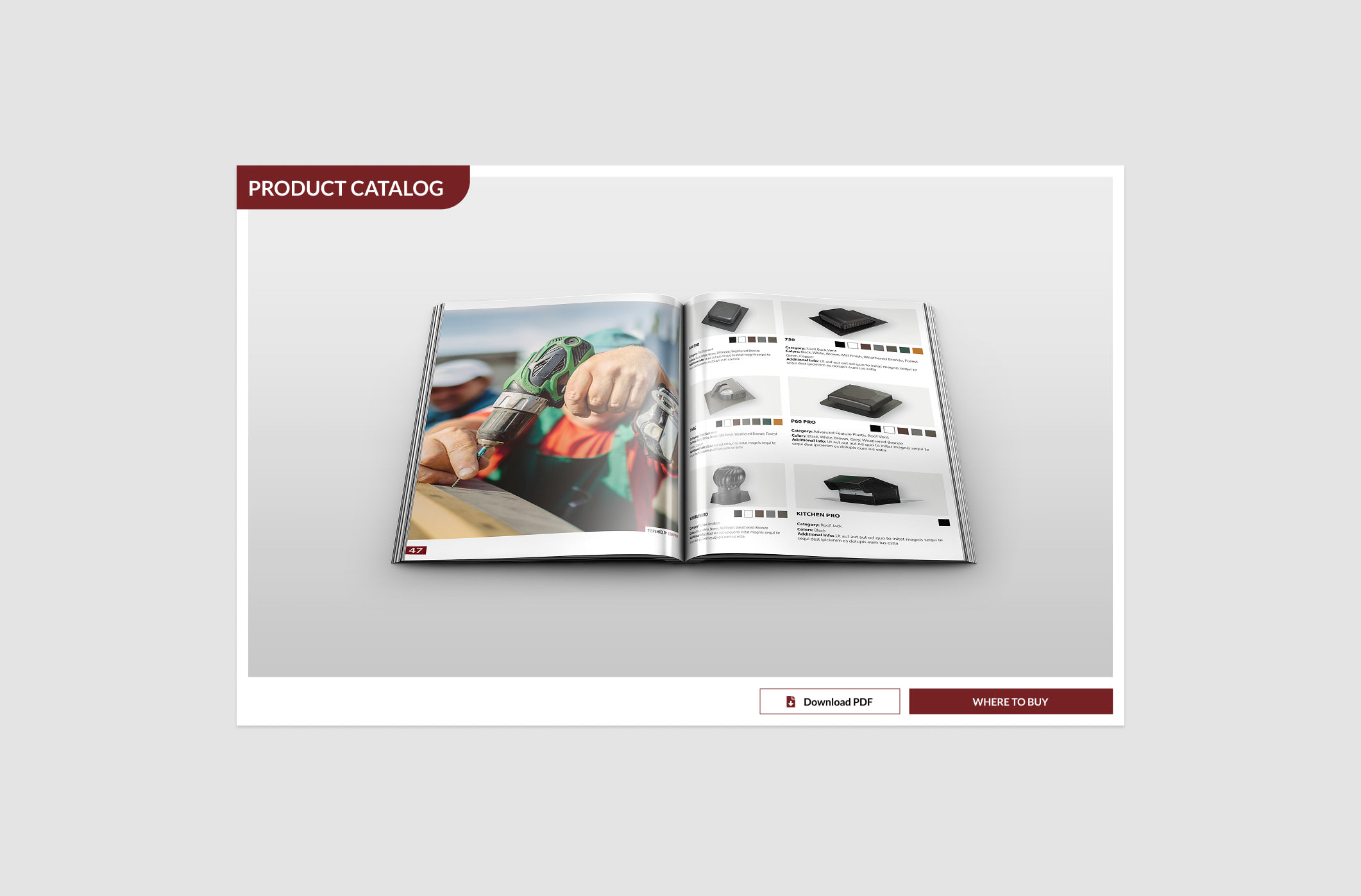 A product catalog call-out with download functionality.