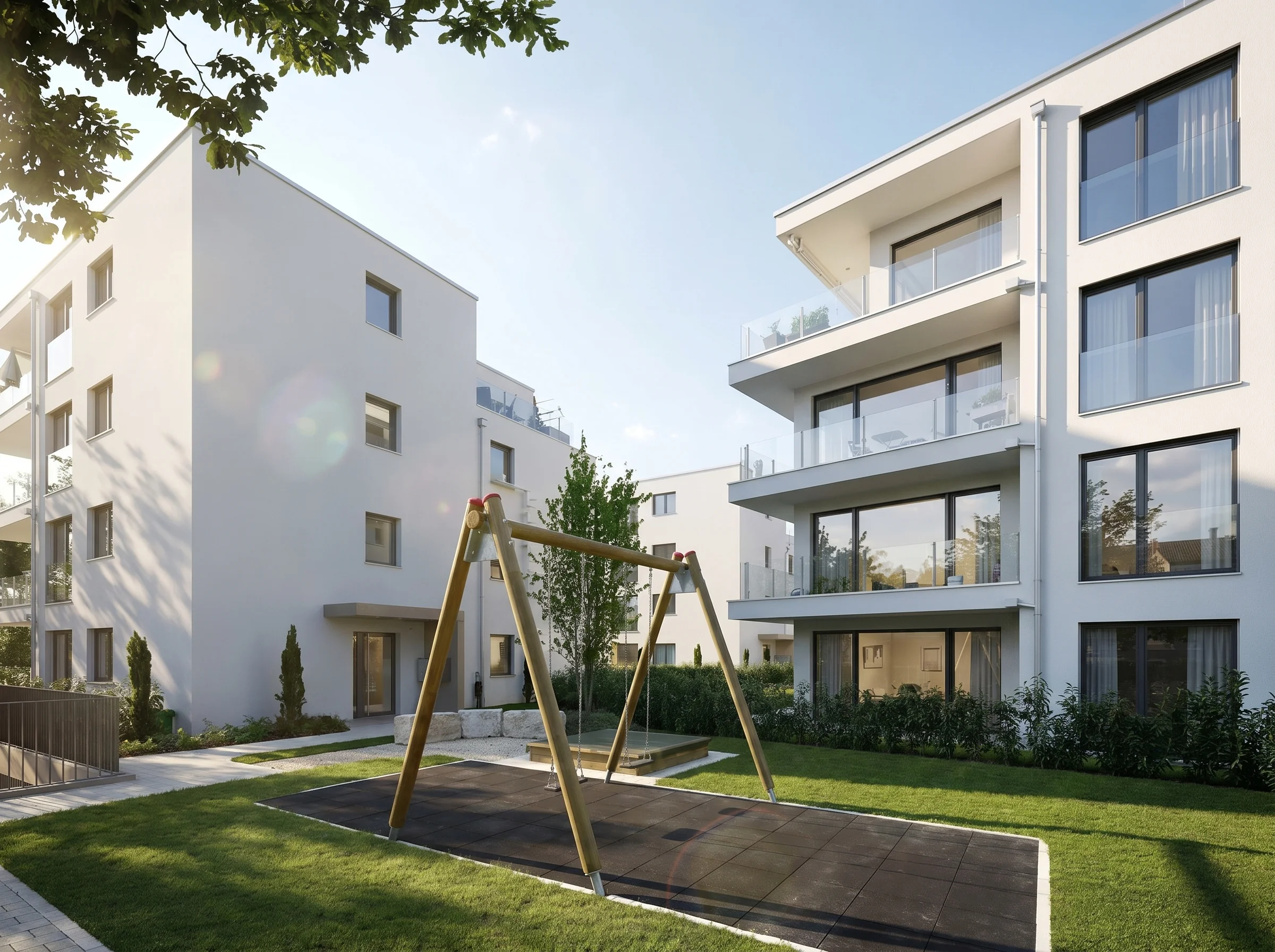 Überbauung Matzingen: Visualisierung des Innenhofs mit Spielplatz zwischen den Wohnhäusern