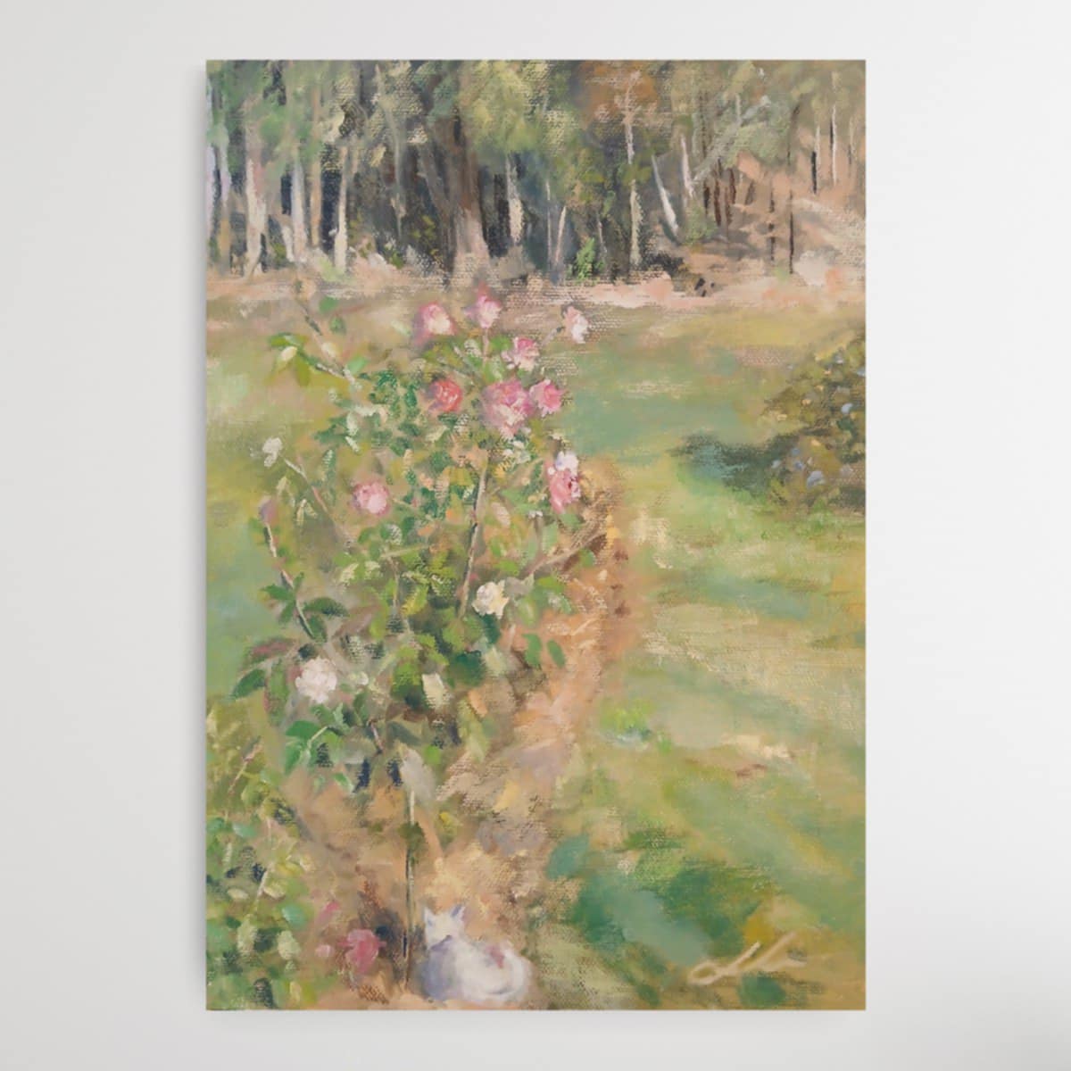 This is an en plein air work with from out the front of my house early one morning. My mischief cat decided to come out and get herself involved and sat there until I finished her. She obviously knew she was a model. The final touch ups were made in the studio. I wanted this piece to have a lovely soft feel. I hope you enjoy it.