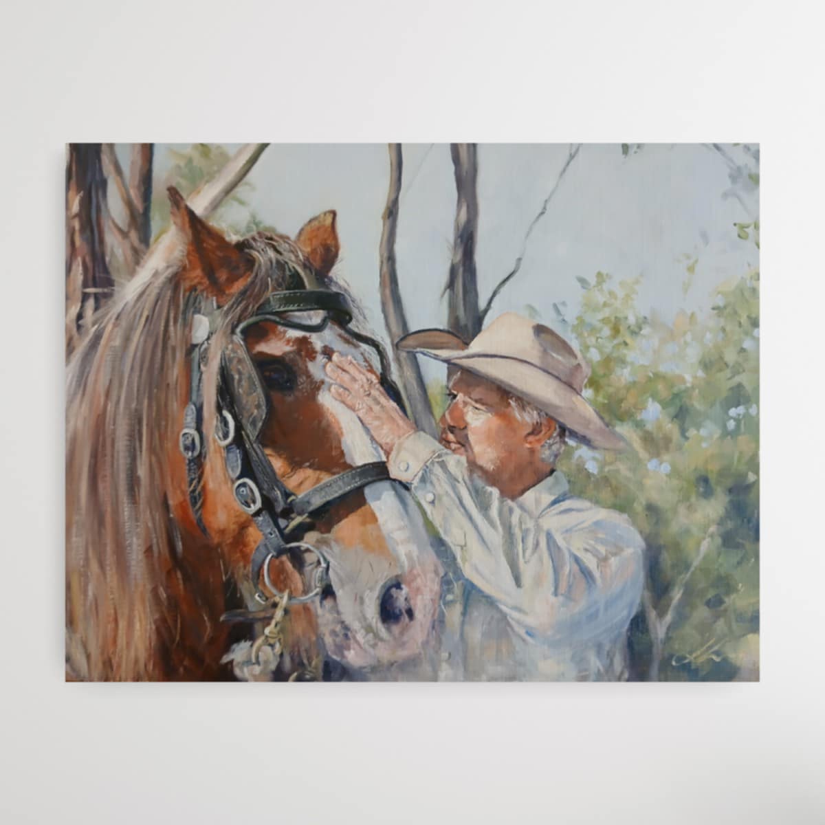 I was really blessed that these two - Kain Loof and Joe - let me into their world down at the Scenic Rim Clydesdale Spectacular . Generally when I take photos for paintings, people often begin touching their horses. Especially while riding. Give them a pat etc. Mostly the horse will look off ears forward at something in the distance or becaome a little nervy and move their head away. Joe didn't do that. He let his human in, knowing full well I was there, and allowed me to see a really private and privildged exchange. Horses don't lie. They will show you up in a blink.
I spent a week deliberating over whether to even paint this. I had multiple photos/variations of intimate space. Some where his ears flicked forward for a moment, and my larger audience would think 'ahh the horse is happy'. Painting this there was a risk that they would think the horse was upset if they didn't understand their expressions. I considered putting a couple of photos together for a safer look and even sketched it up that way, however I soon abandoned that. It just didn't speak what I felt was needed. Mostly I halted over painting this because it was so private. Sacred even. On Monday when I took out the canvas I still stared at it for 2 and a half hours deliberating. Even prayed. Ultimately I chose to represent the moment as it was and let the world witness it.
When I painted it, I wanted the focus to be primarily their faces. So I didn't include all the detail of the shirt. But also, I wanted the colour of the shirt to symbolise that pristine moment, holding within it all potential available to mankind. In the photo you can't really see Joe's eye, but in the painting you can. I hope I did the moment justice. I feel that I did. Certainly my heart was in the right place.
Hopefully you gain something really personal of your own from seeing this. At the very least hopefully you just enjoy the looking at the scene.
The lighting has washed out the right hand side just a little for the camera, but you get the idea.
All my love to you all and huge thanks to Kain for allowing me to photograph and paint these.