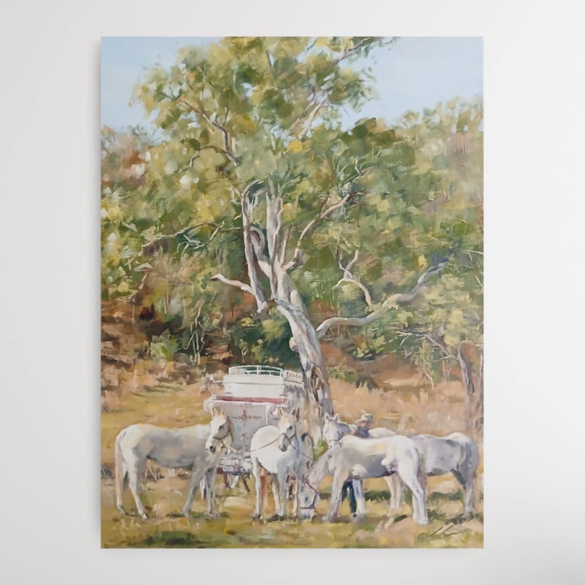 Here's my latest from the Stonehouse, Moore and Davanta Livery Stables Cobb & Co. Series. I've called it "Breaking Camp On The Mail Run". The Light has given the wet paint a slight sheen on the right hand side, otherwise the photo is quite accurate. The white horses with the white coach and a lovely matriarch of a eucalypt holding the stage with the typical Australian bush range as a backdrop really appeals to me. I'm unable to accurately express just how much fun this was. I really love bringing these old scenes back to life. I hope you love it too!