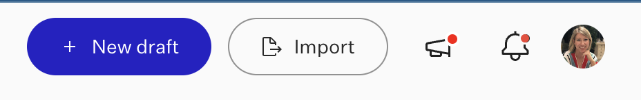 "New draft" and "Import" buttons within the Colossyan interface