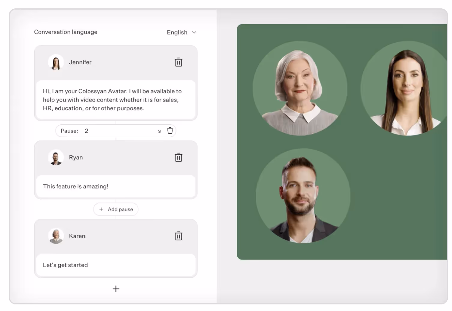 Three AI avatars within Colossyan's conversation mode