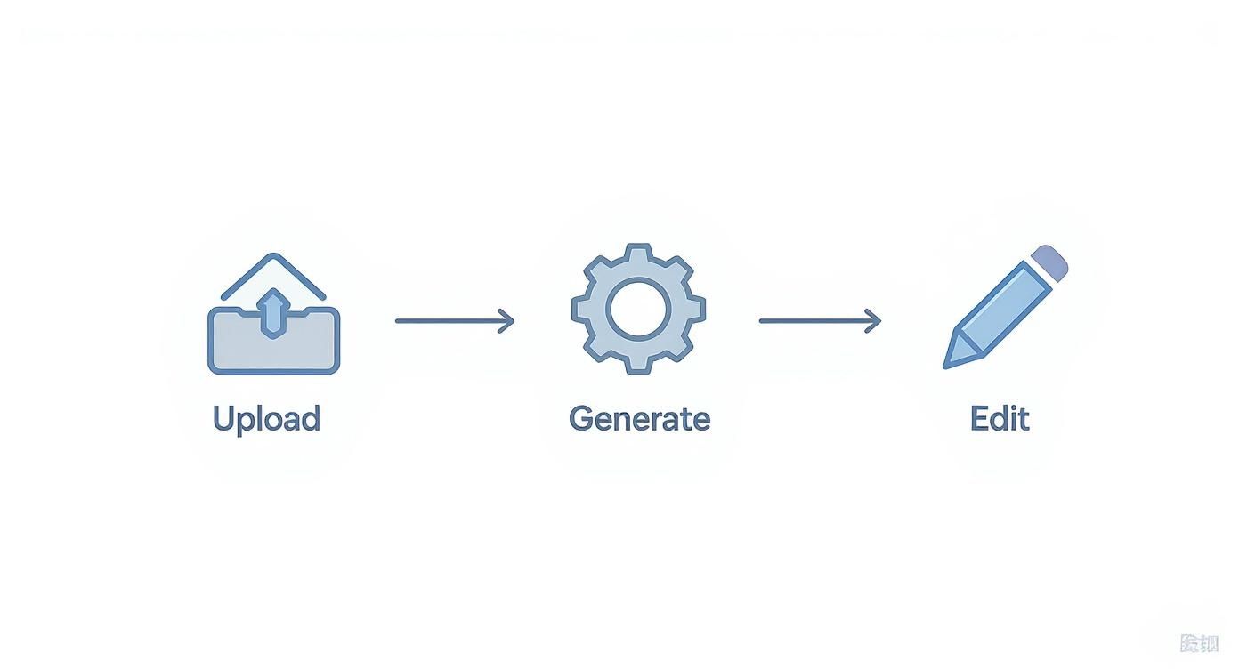 Infographic about the process flow for free video translation: Upload icon, then a gear icon for generation, and finally a pencil icon for editing.