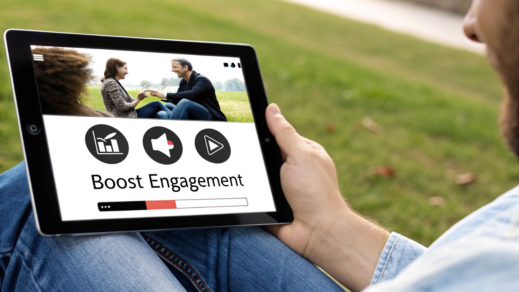 A person holds a tablet showing a video of two people and 'Boost Engagement' text outdoors.