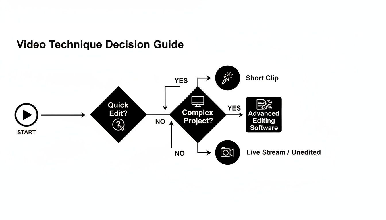 A flowchart outlining video editing decisions based on project complexity and quick edit needs.