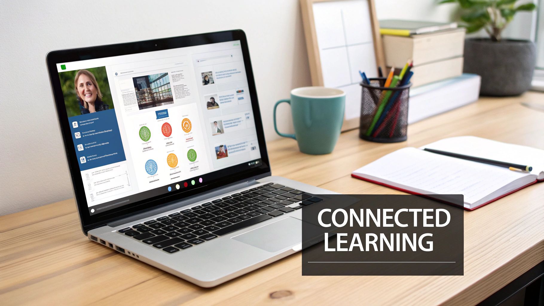 A laptop on a wooden desk displays a learning platform with a woman's profile and data visuals.