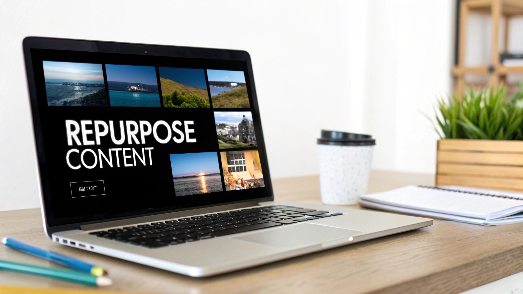 Laptop displaying 'Repurpose Content' and an image gallery on a desk with a coffee cup, notebook, and pencils.