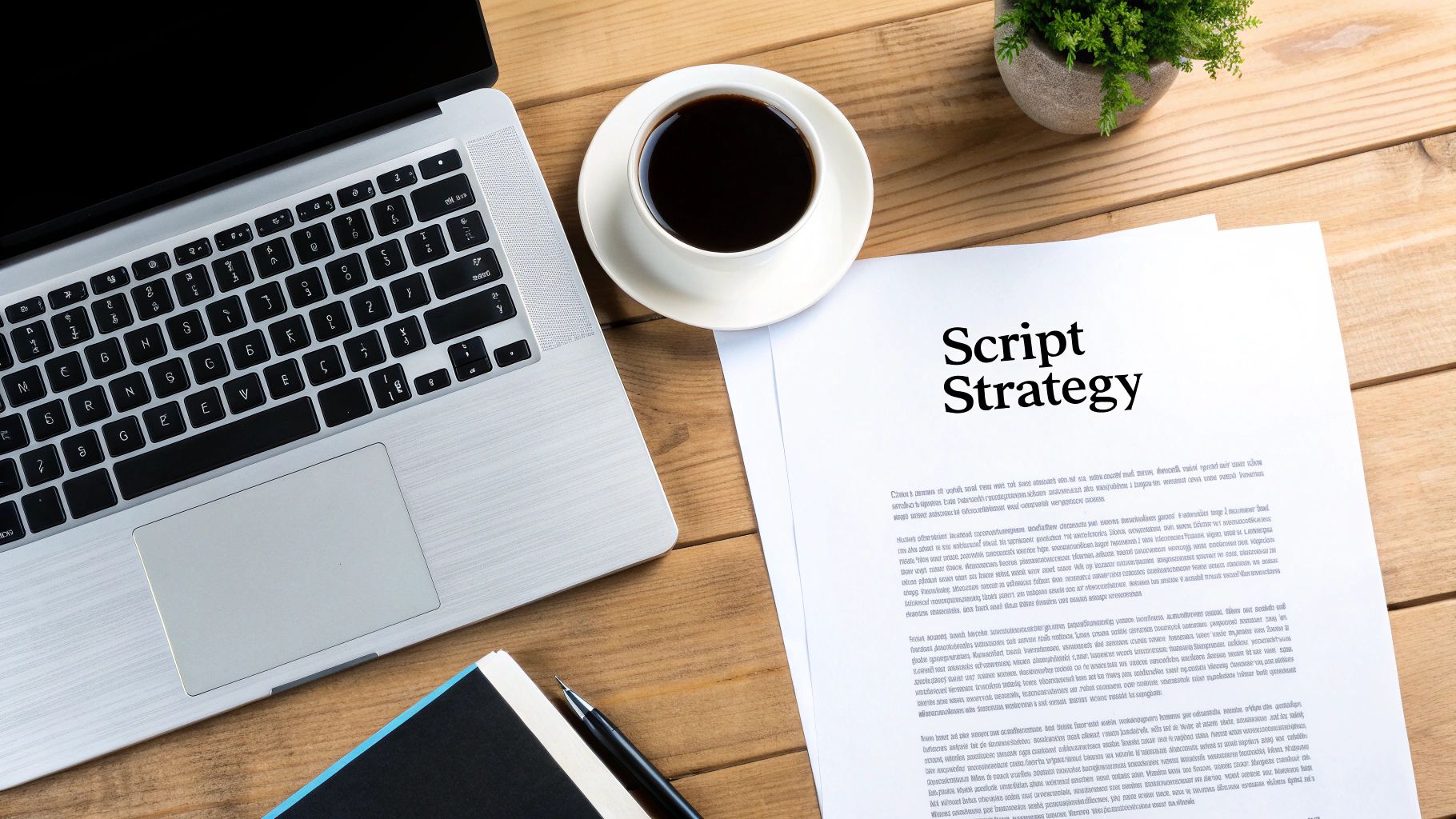 Overhead view of a creative workspace with a laptop, coffee, and a 'Script Strategy' document.