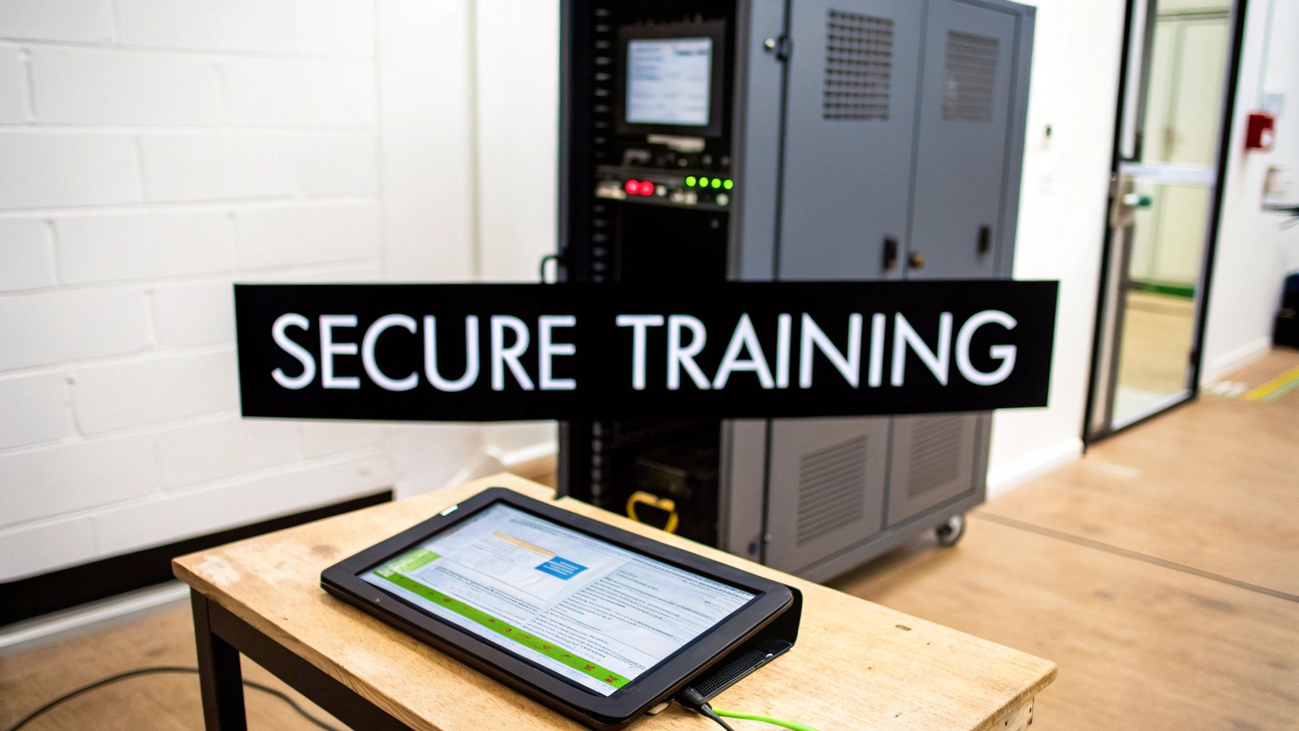 A tablet on a wooden table displaying content, with a black 'SECURE TRAINING' sign above, and server equipment in the background.