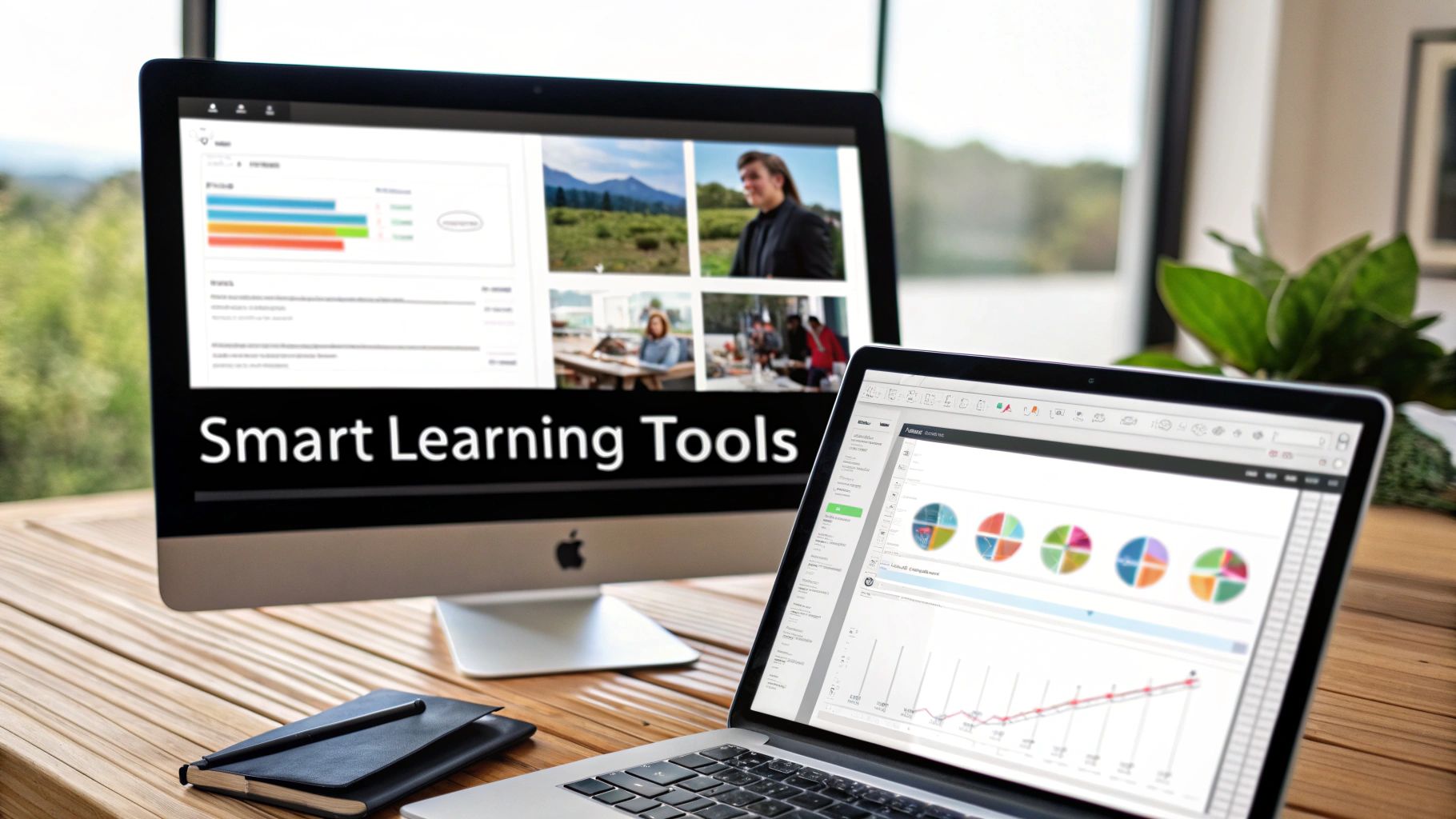 Two computers on a wooden desk, one showing 'Smart Learning Tools' and the other displaying data analytics.