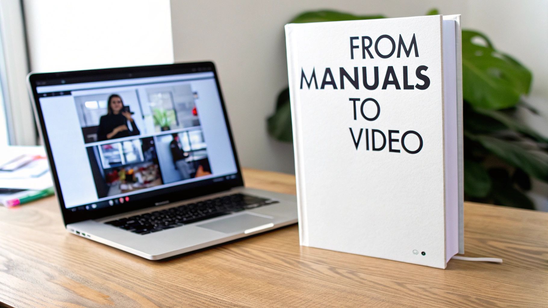 A laptop showing a video conference and a book titled 'FROM MANUALS TO VIDEO' on a wooden desk.