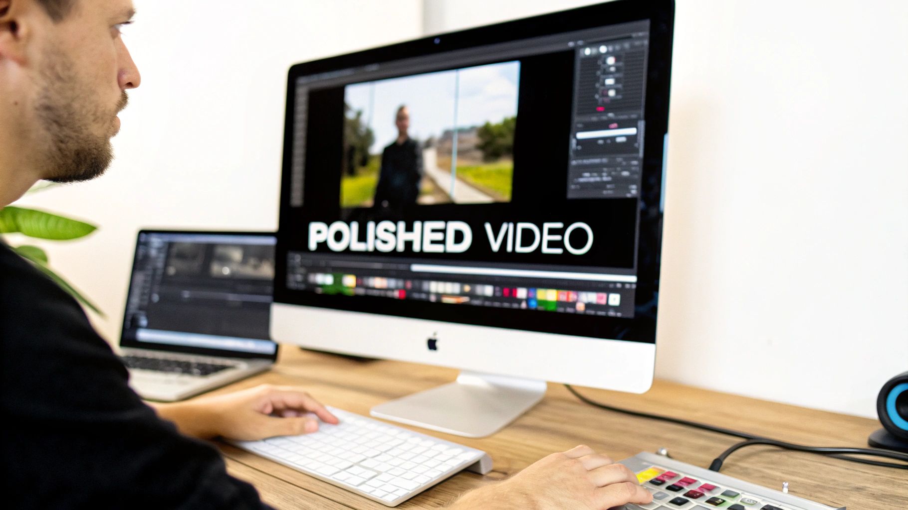 A man intensely working on professional video editing software on a large monitor at his desk.