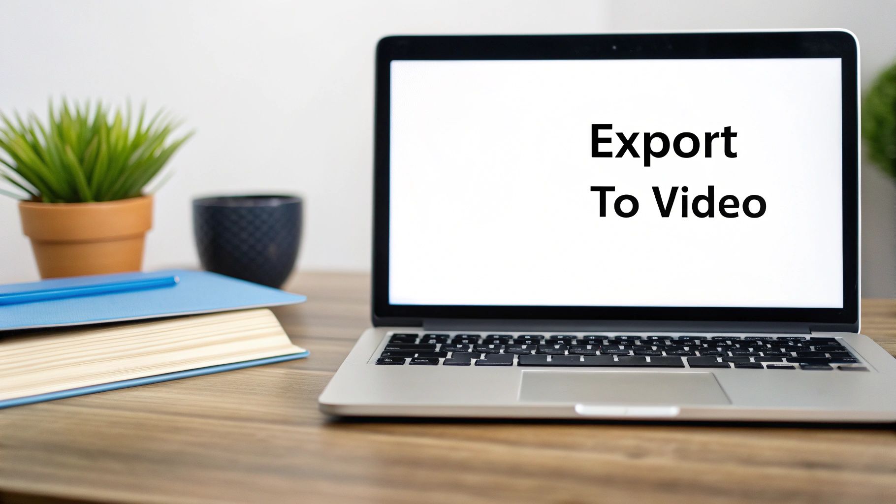 A silver laptop displaying 'Export To Video' on its screen, placed on a wooden desk with office supplies.