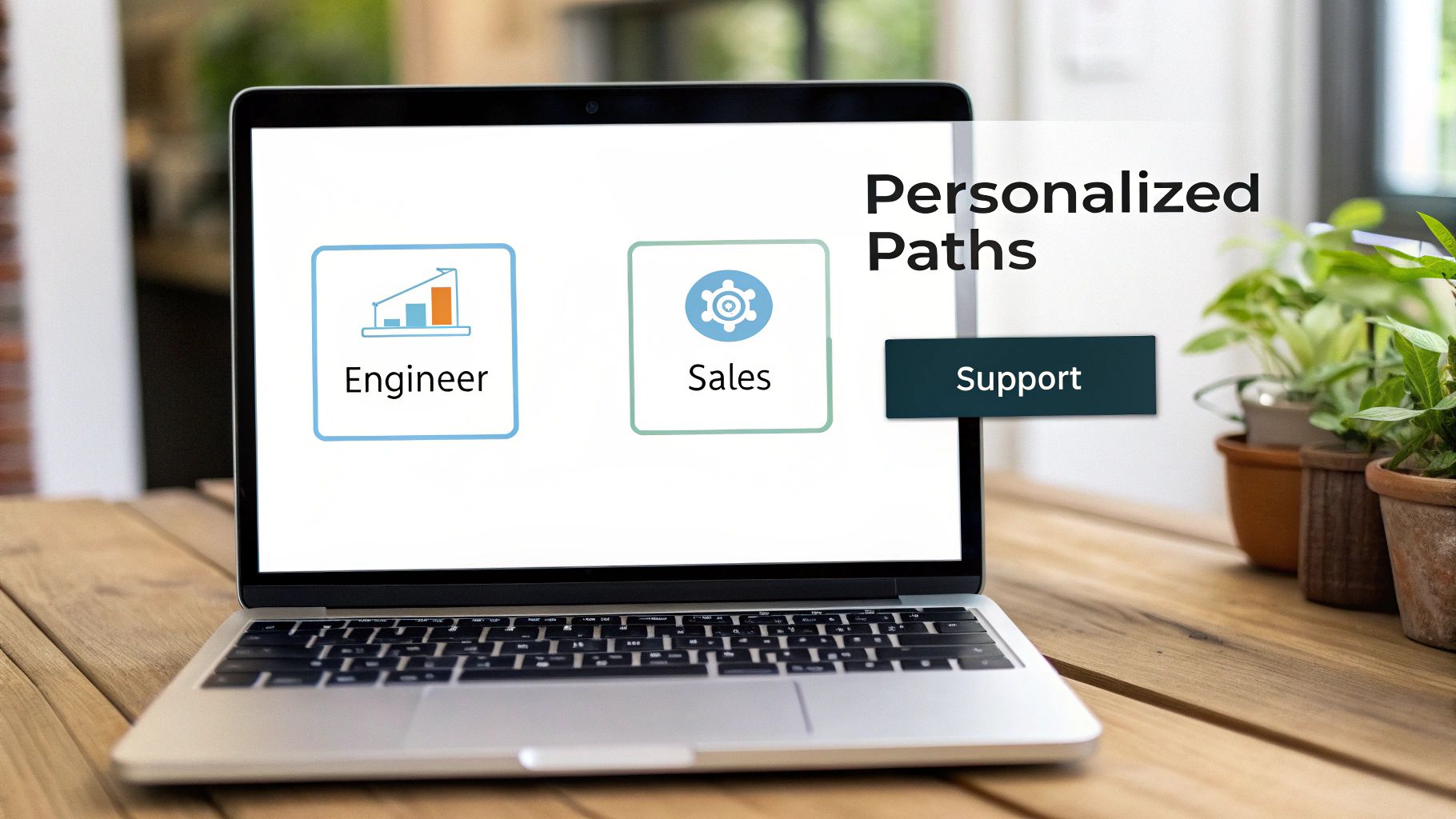 Laptop screen displaying 'Personalized Paths' with 'Engineer', 'Sales', and 'Support' options for user selection.
