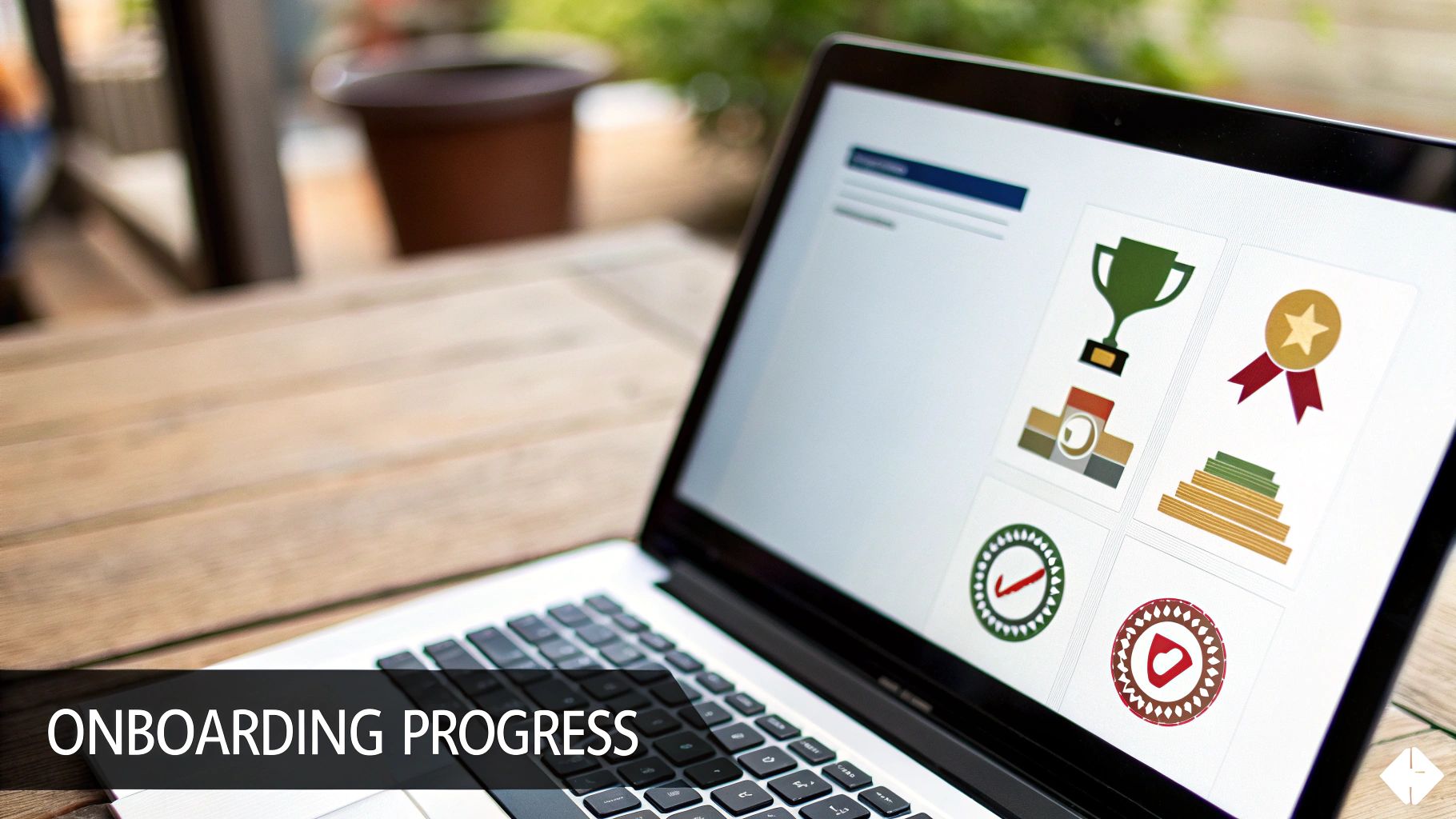 Laptop screen displaying 'Onboarding Progress' with icons including a trophy, medal, and checkmark, on a wooden table.