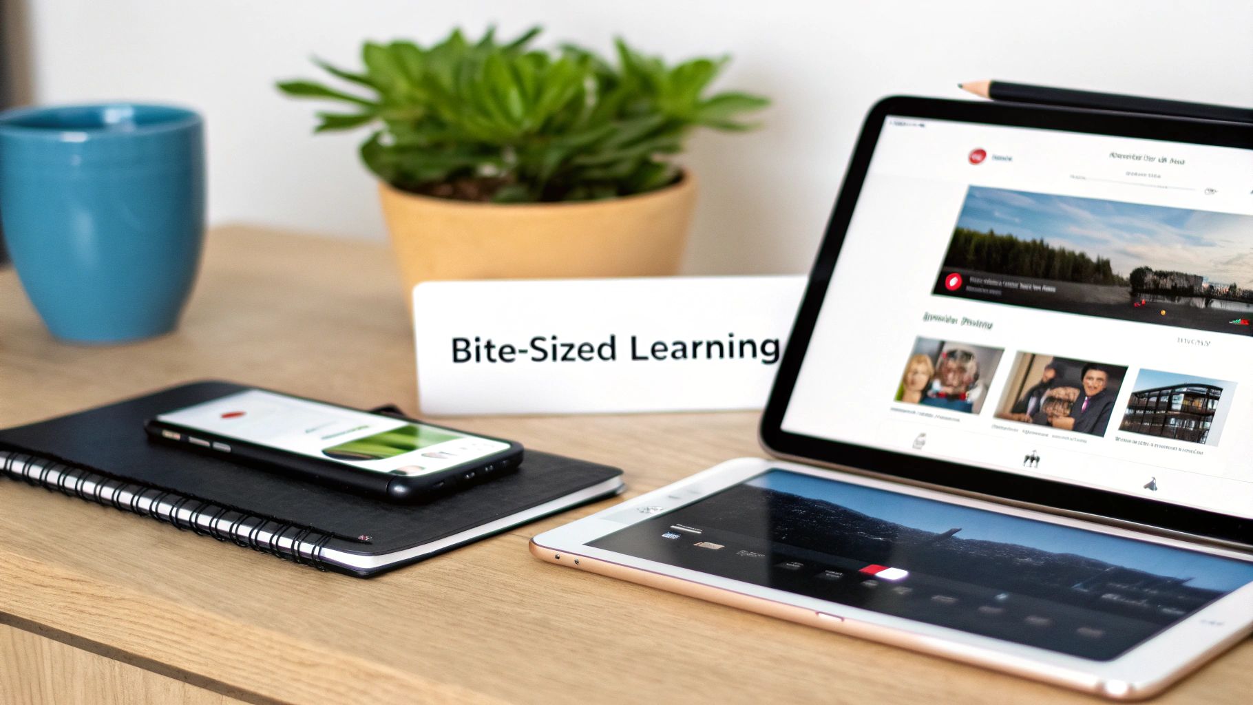 A modern workspace with tablets, a smartphone, and a 'Bite-Sized Learning' sign, emphasizing digital education.
