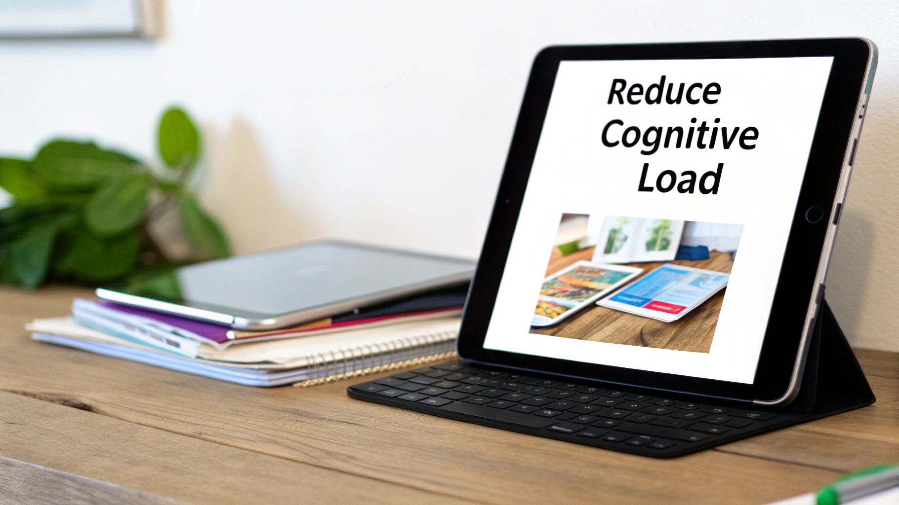 A tablet displaying 'Reduce Cognitive Load' on a wooden desk with other tablets and notebooks.