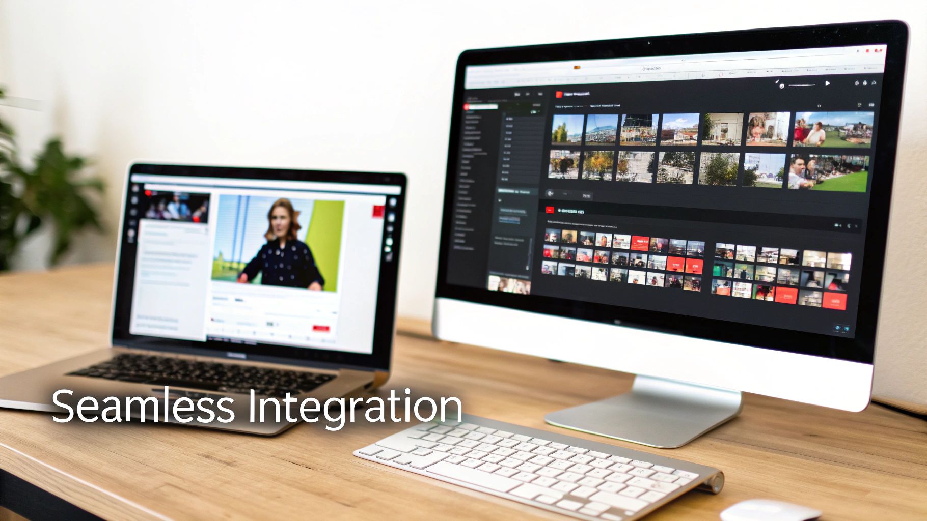 Laptop and desktop monitor on a wooden desk displaying a content management platform, illustrating seamless integration.