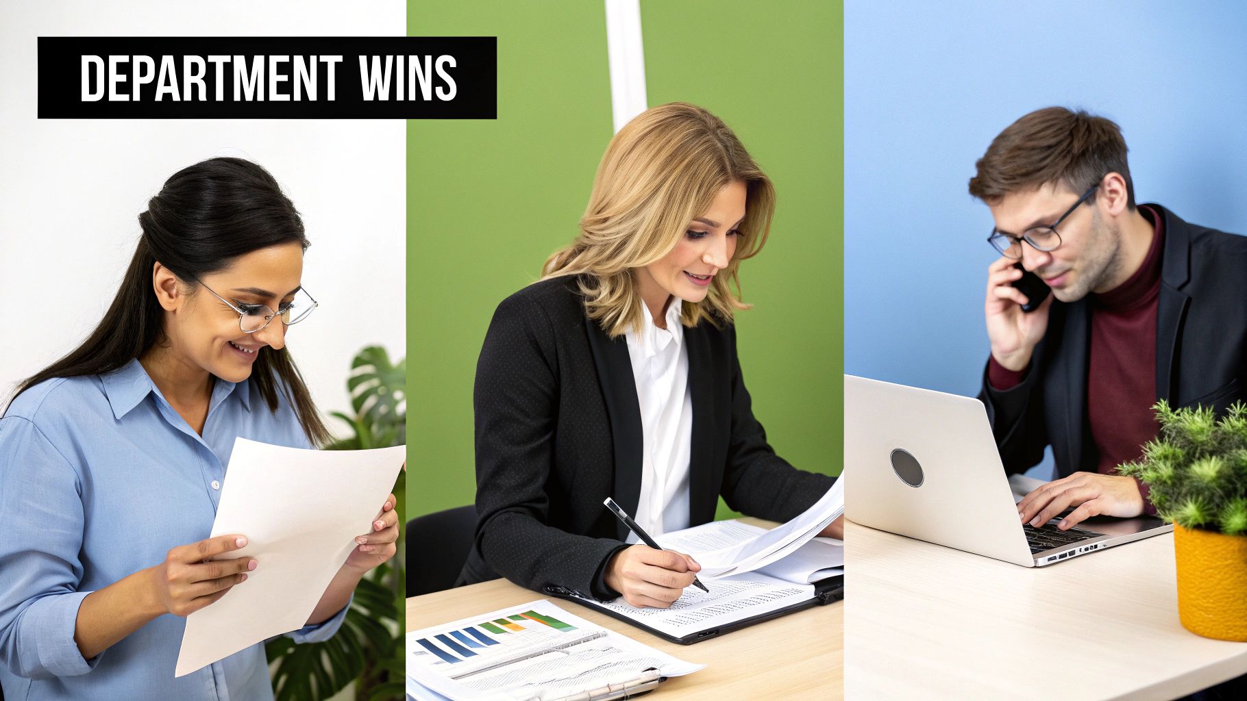 Diverse professionals at their desks: a woman reading, a woman writing, and a man on a call, with a 'DEPARTMENT WINS' banner.