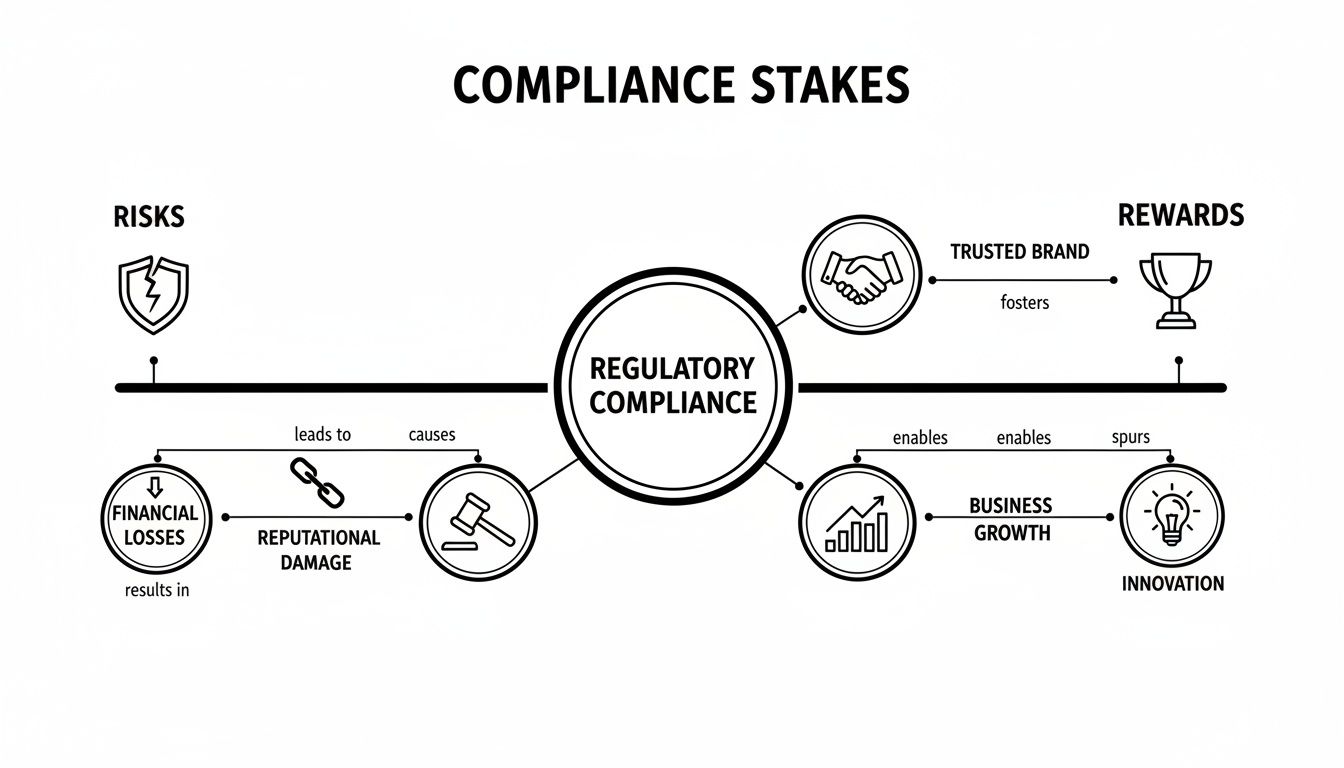 A diagram illustrating the risks and rewards of regulatory compliance, including financial losses, reputational damage, a trusted brand, and business growth.
