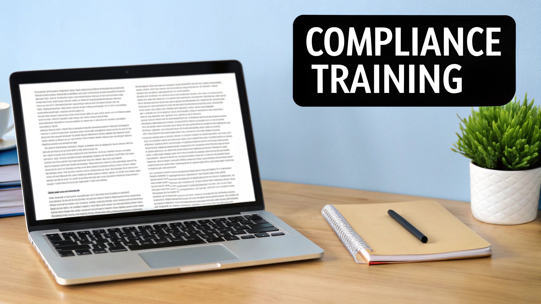 A laptop, notebook, and plant on a desk with a 'COMPLIANCE TRAINING' sign.