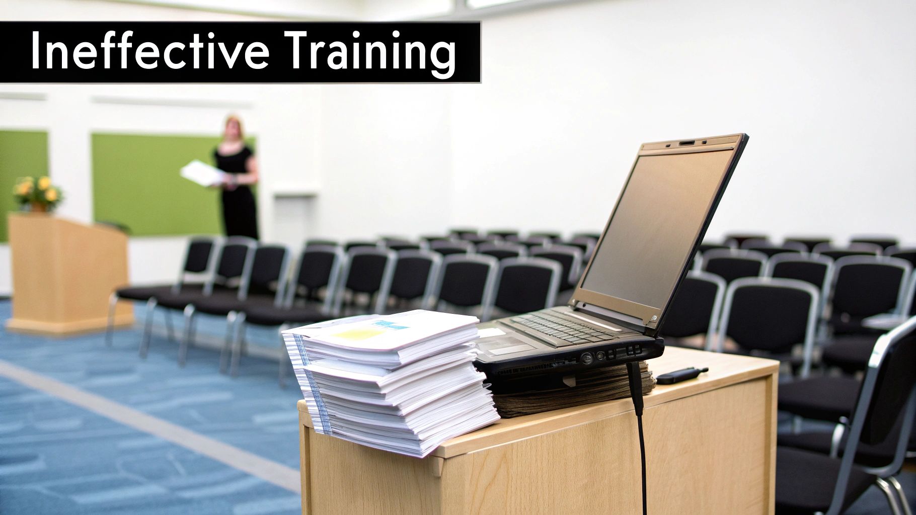 An empty training room with a laptop, documents, and a blurred presenter, labeled 'Ineffective Training'.