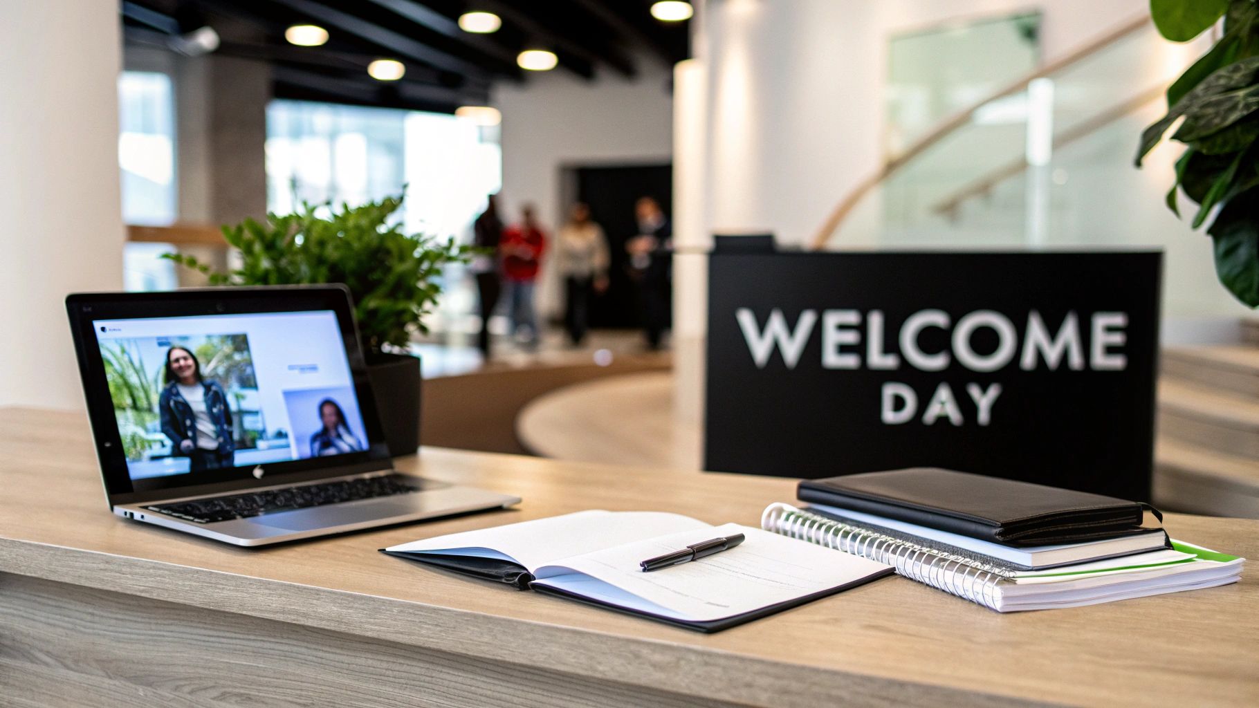 A laptop, open notebook with a pen, and 'WELCOME DAY' sign on a reception desk.