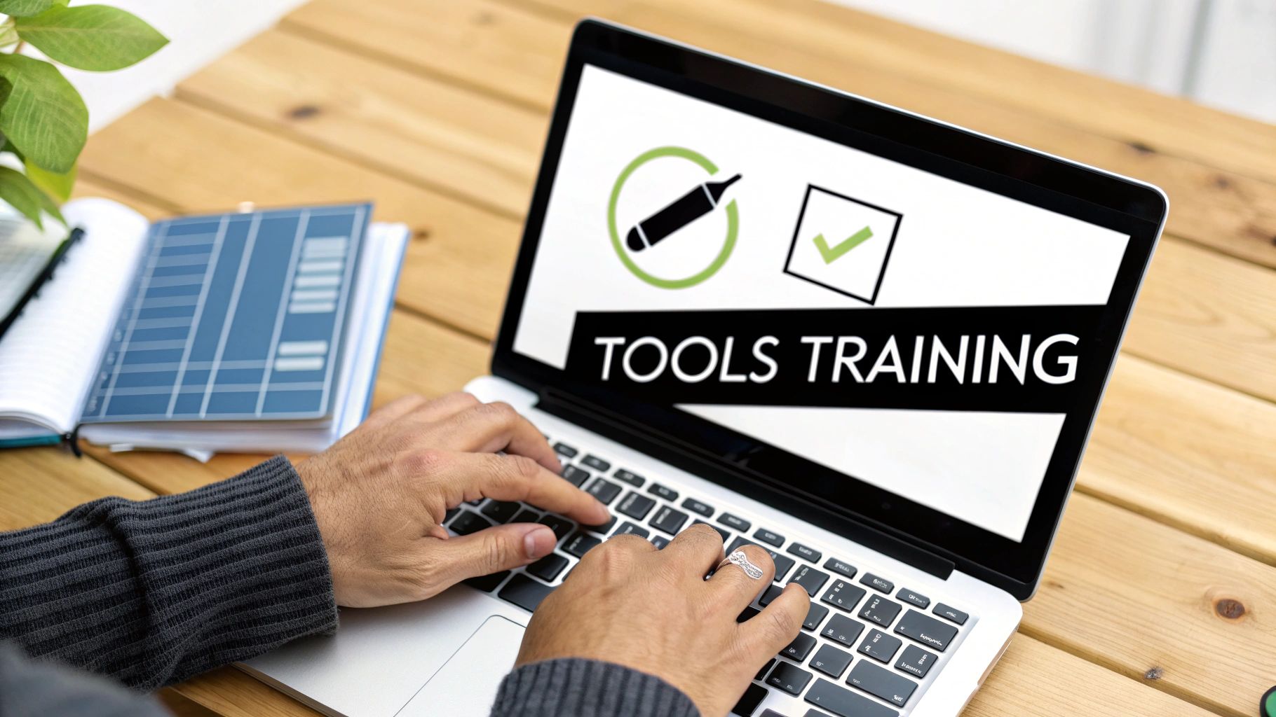 Person typing on a laptop screen displaying 'TOOLS TRAINING' with a pencil icon and checkmark.