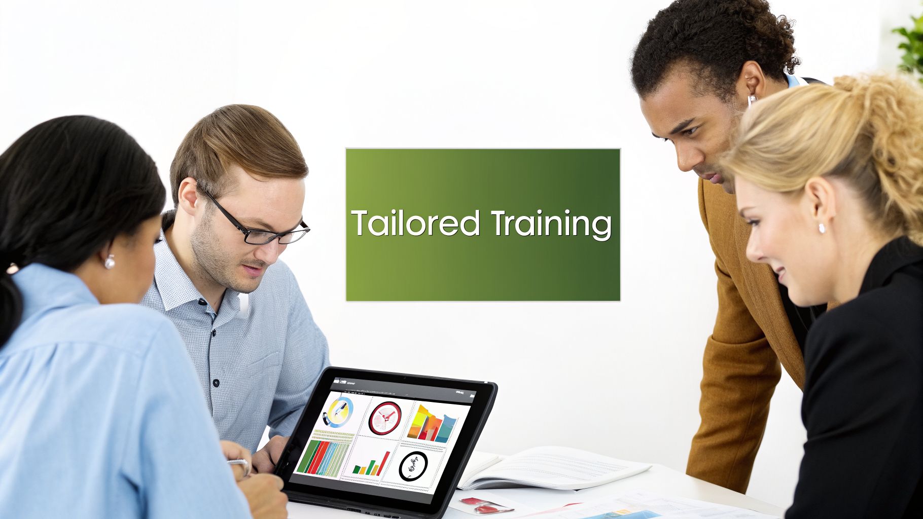Four diverse professionals looking at data on a tablet, discussing tailored training strategies.