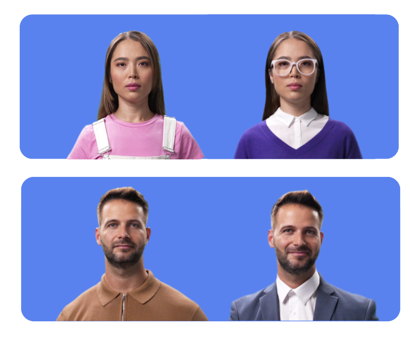 4 Colossyan AI avatars wearing formal and casual clothing